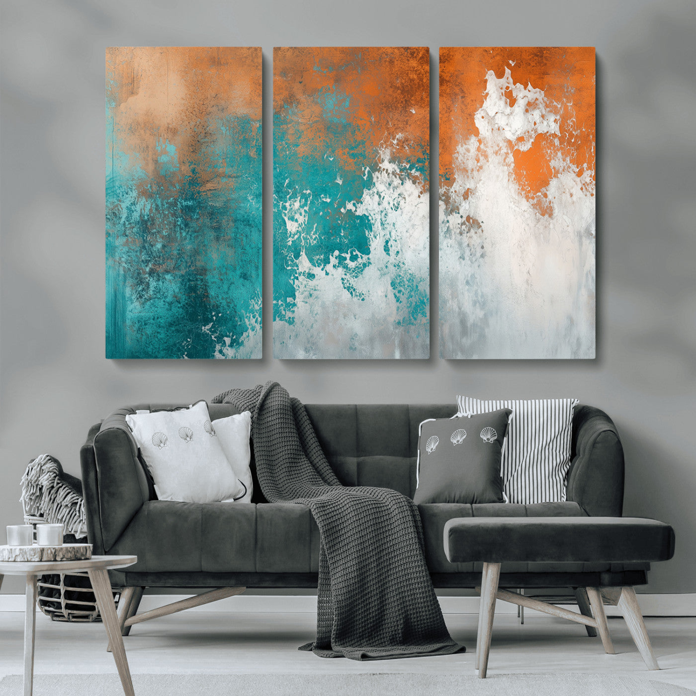MGV-CV-48X32-3P - Vintage Abstract Print - Bold Teal and Orange Canvas Wall Art - Retro-Vintage Abstract Orange Canvas