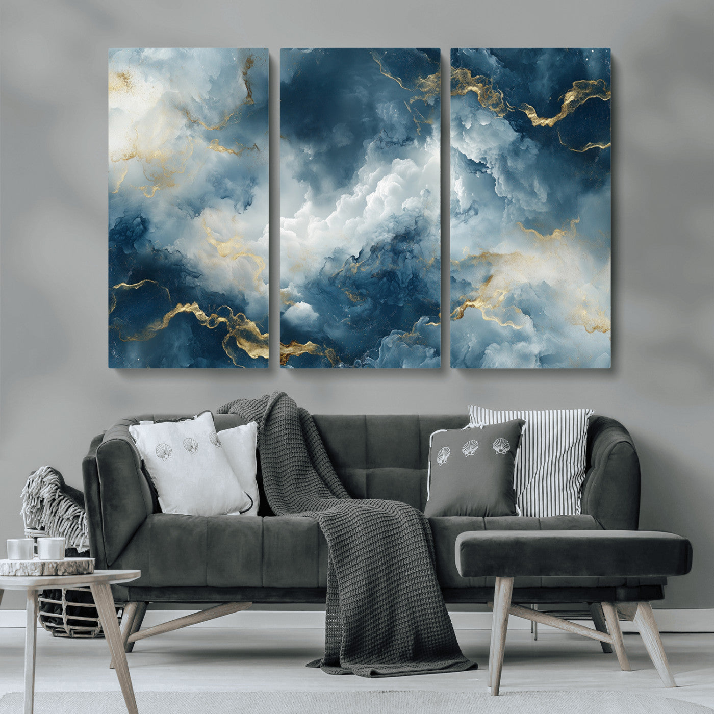 MGV-CV-48X32-3P - Large Abstract Print - Luxe Blue and Gold Abstract Canvas Wall Art - Bold Cloudscape Canvas for