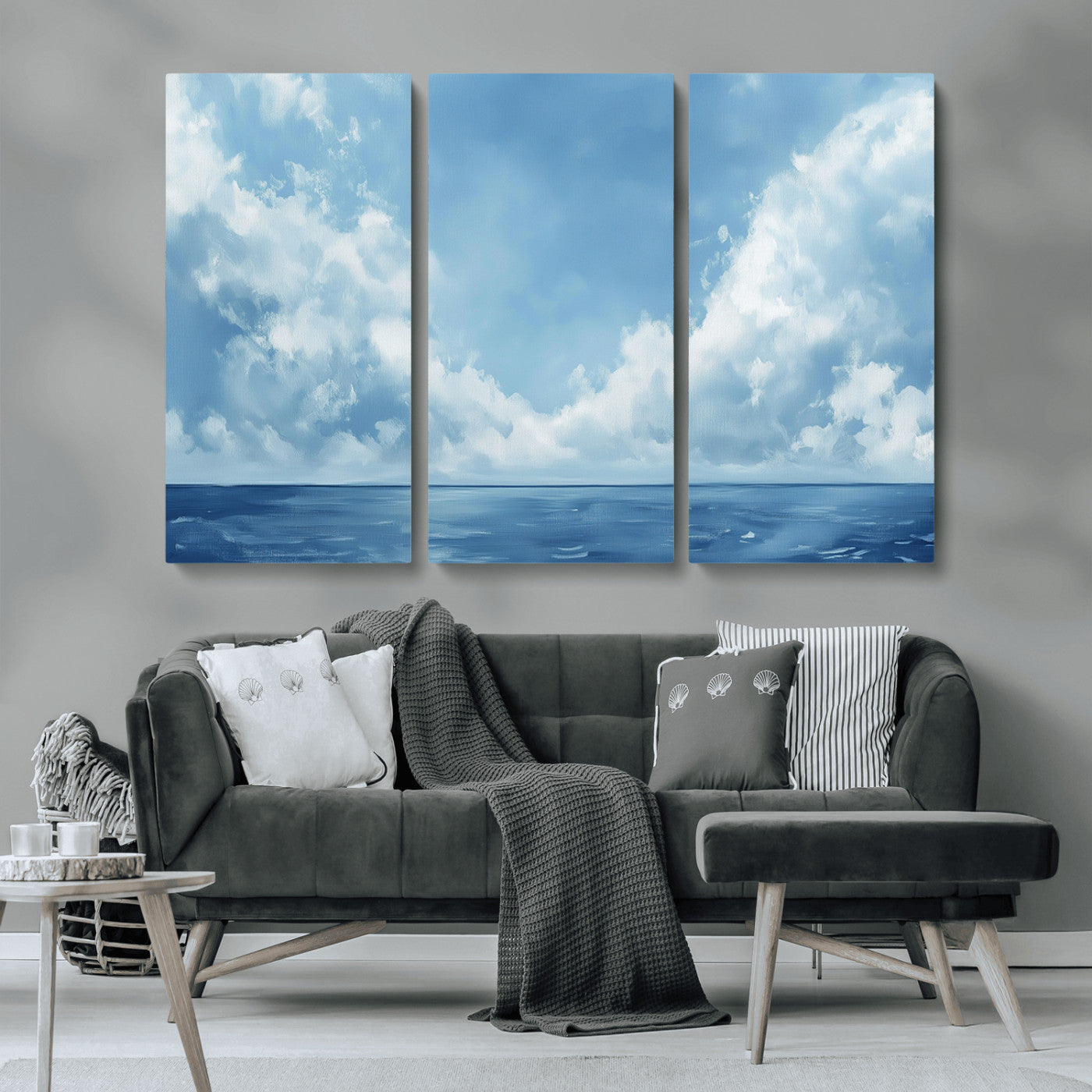 MGV-CV-48X32-3P - Abstract Ocean Print Artwork- Serene Blue Ocean Canvas Wall Art - Minimalist Ocean and Sky Canvas
