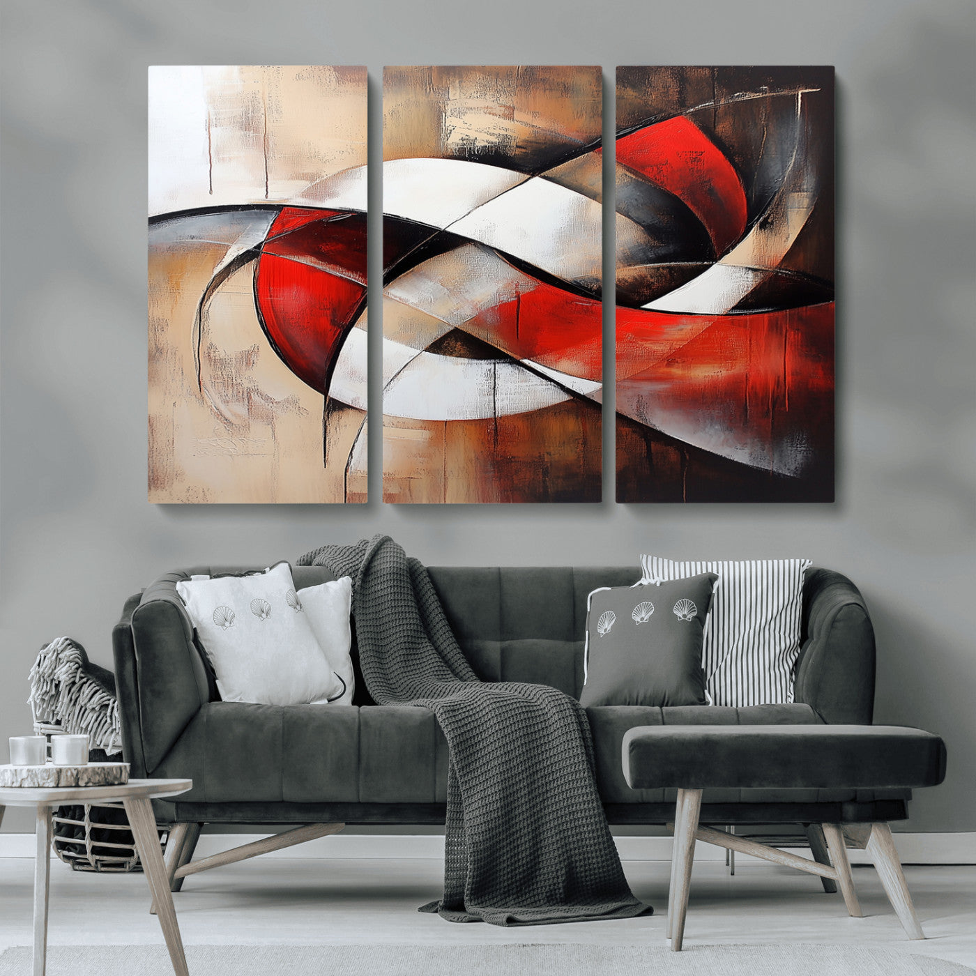 MGV-CV-48X32-3P - Abstract Wall Art - Modern Red and White Canvas Wall Art Print - Bold Geometric Abstract Canvas for