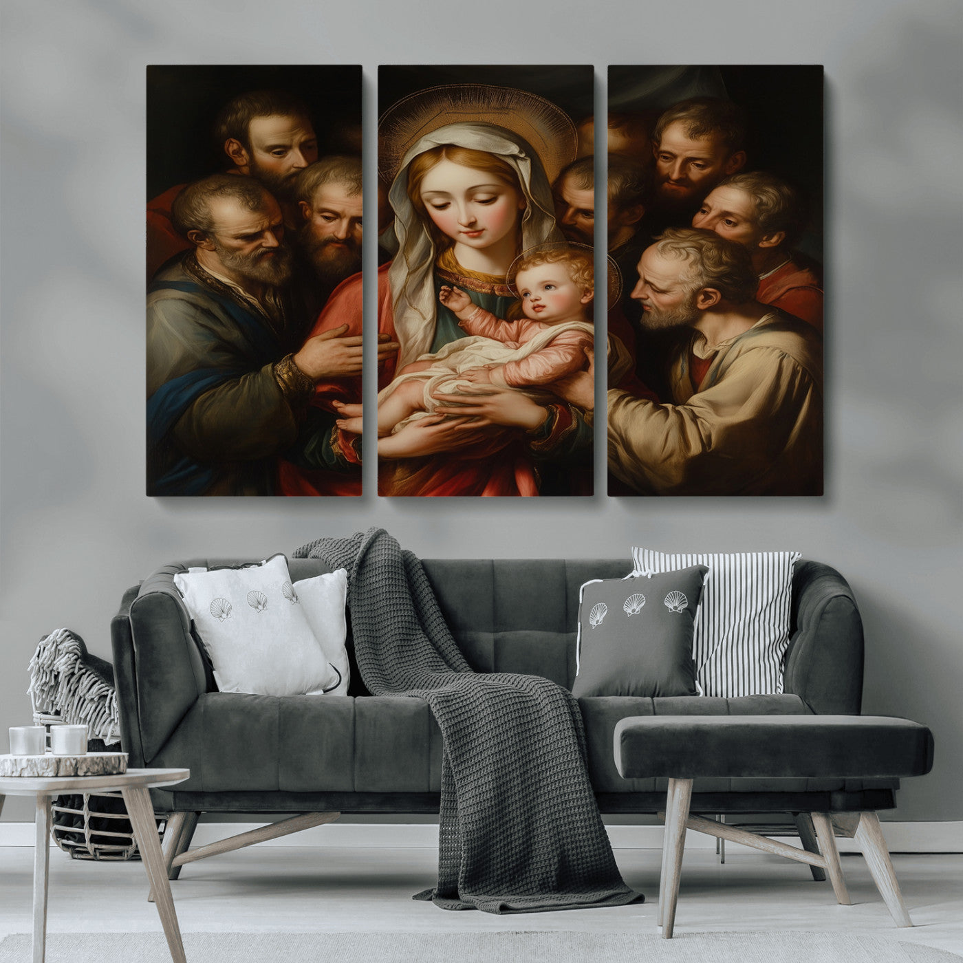 MGV-CV-48X32-3P - Religious Canvas Wall Art Print - Madonna and Child with Apostles Art Print - Classic Christian