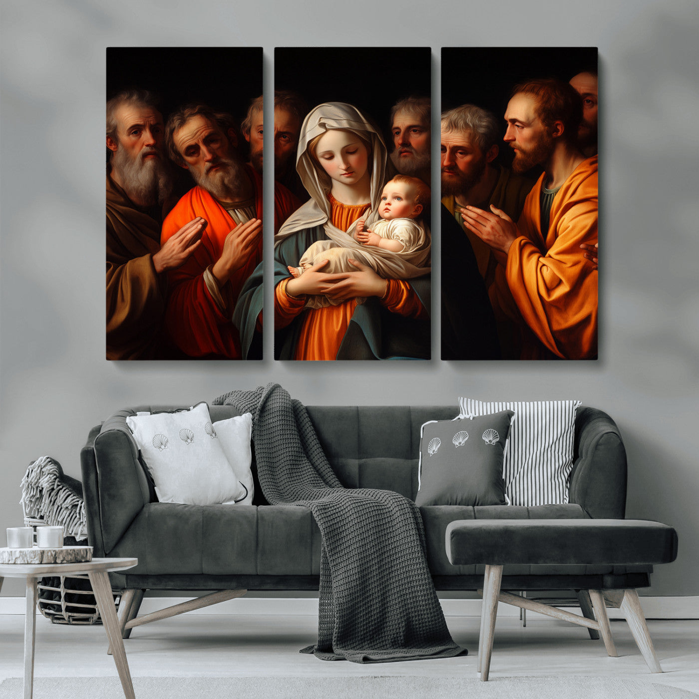 MGV-CV-48X32-3P - Religious Canvas Wall Art Print - Madonna and Child with Apostles Art Print - Classic Christian