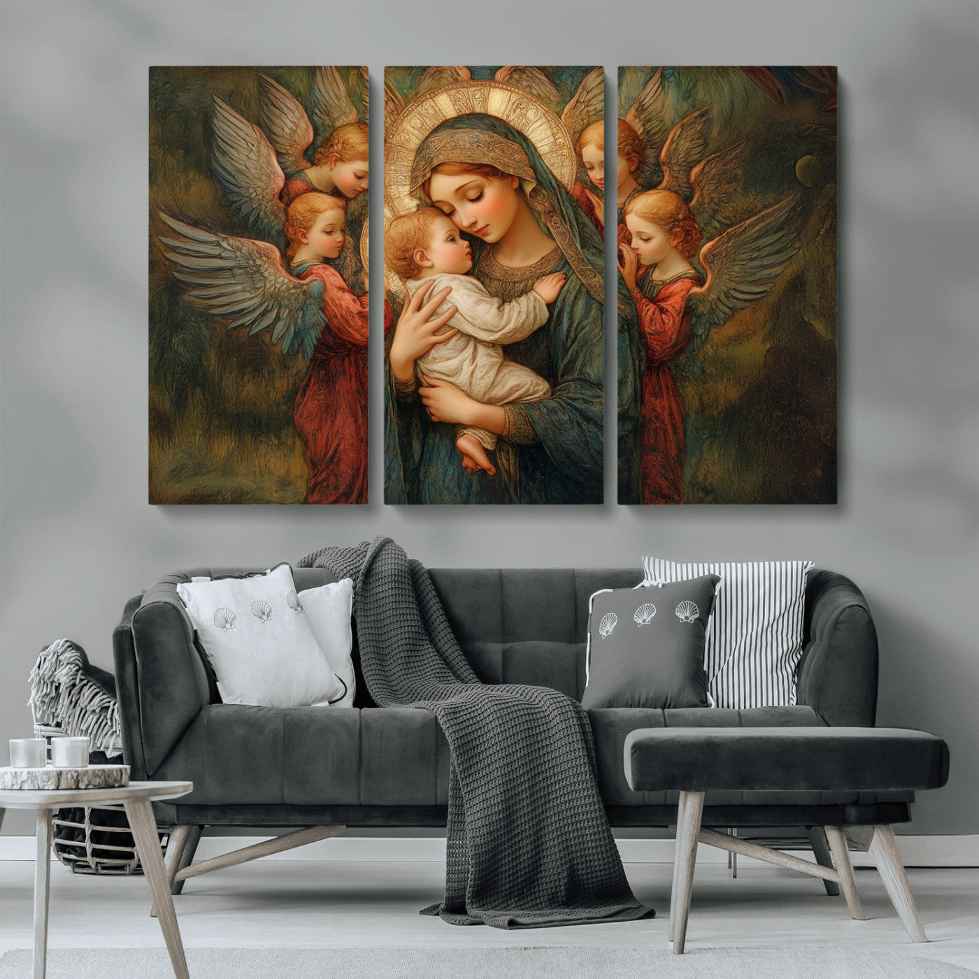 MGV-CV-48X32-3P - Mary Jesus Canvas Wall Art Print - Madonna and Child with Angels Art Print - Classic Christian