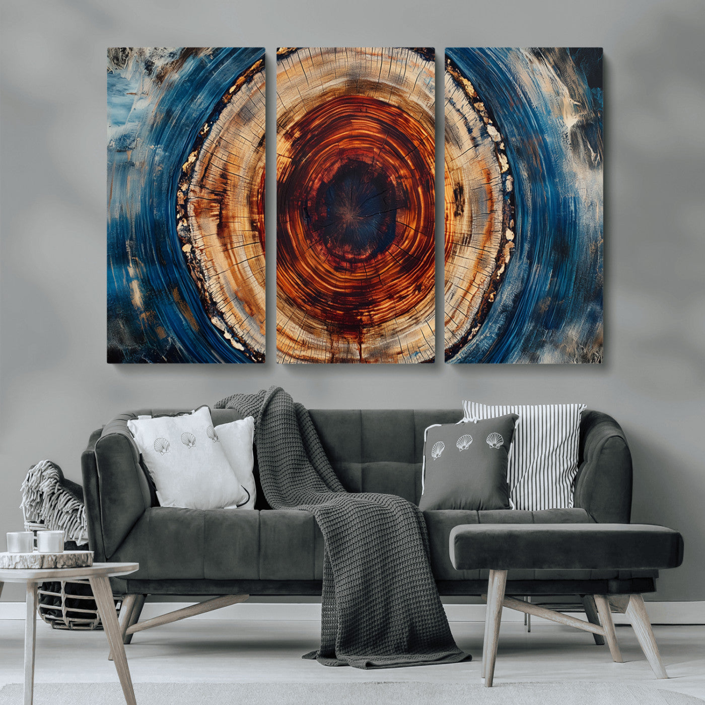 MGV-CV-48X32-3P - Abstract Framed Tree Rings Wall Decor, Wood Grain Rings Artwork Print, Nature Woodland Modern Wall