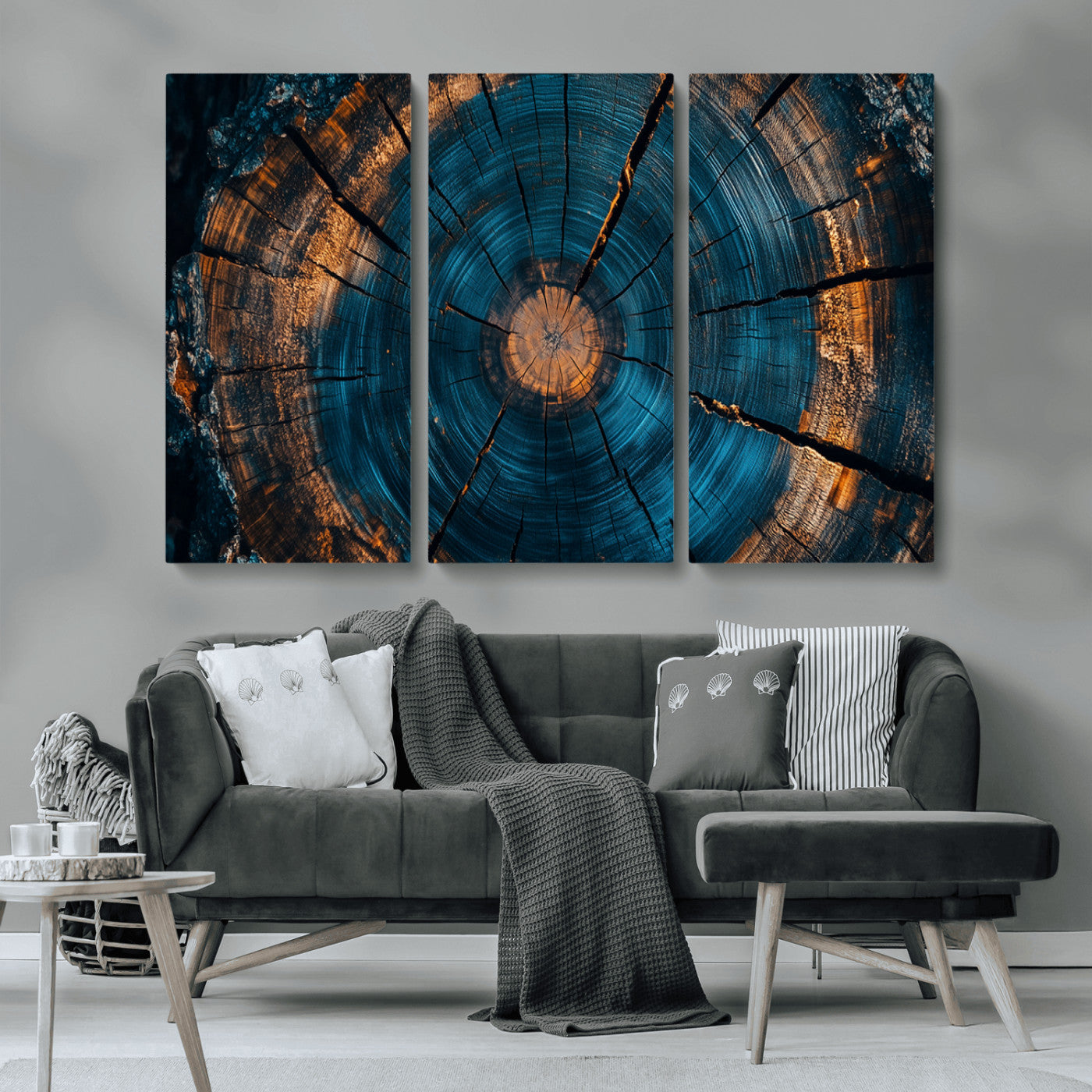 MGV-CV-48X32-3P - Farmhouse Wall Art - Abstract Tree Rings Canvas Wall Art Print, Framed Wood Grain Rings Artwork