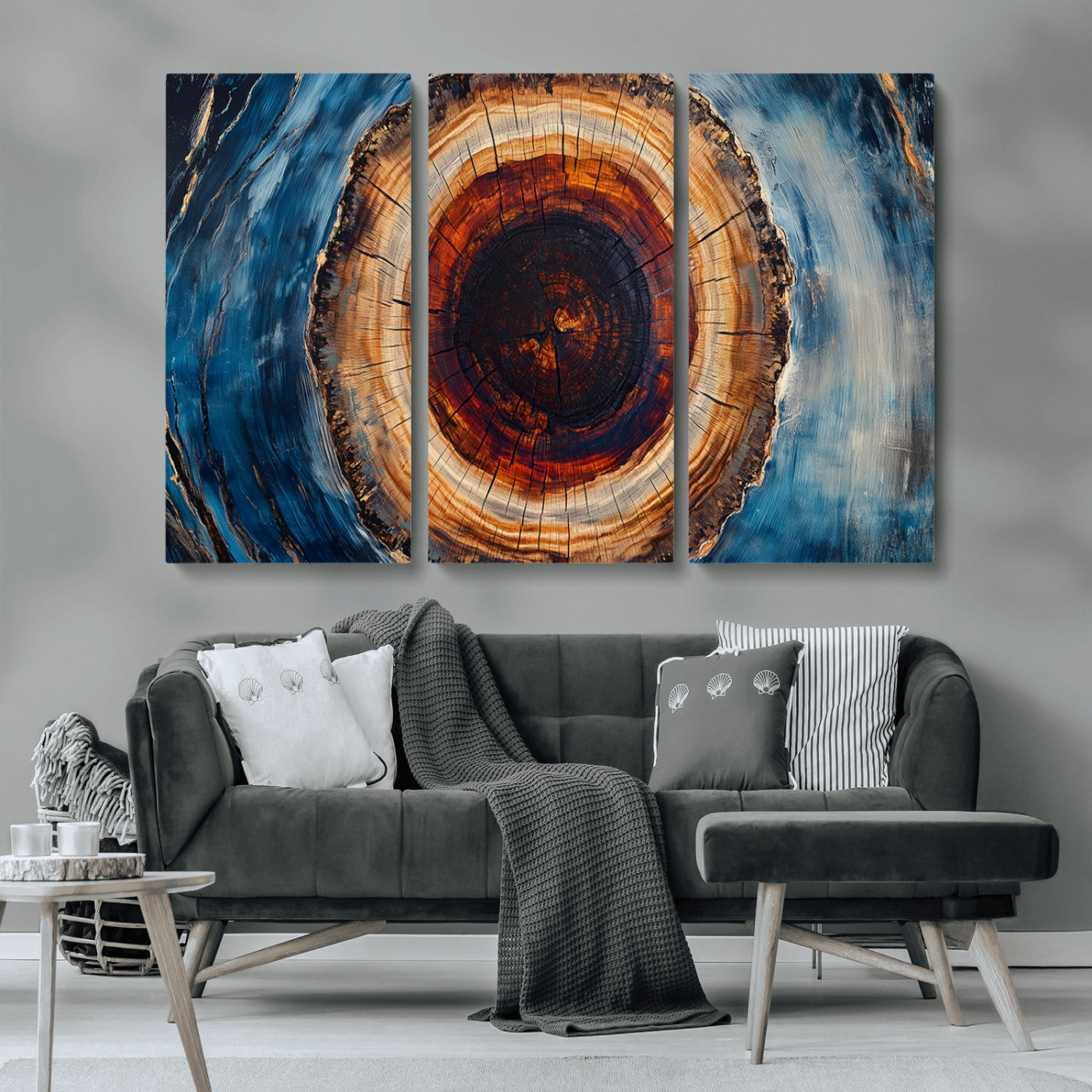 MGV-CV-48X32-3P - Framed Abstract Tree Ring Wall Art Print, Natural Rustic Wood Texture Canvas Print, Wood Tree Stump