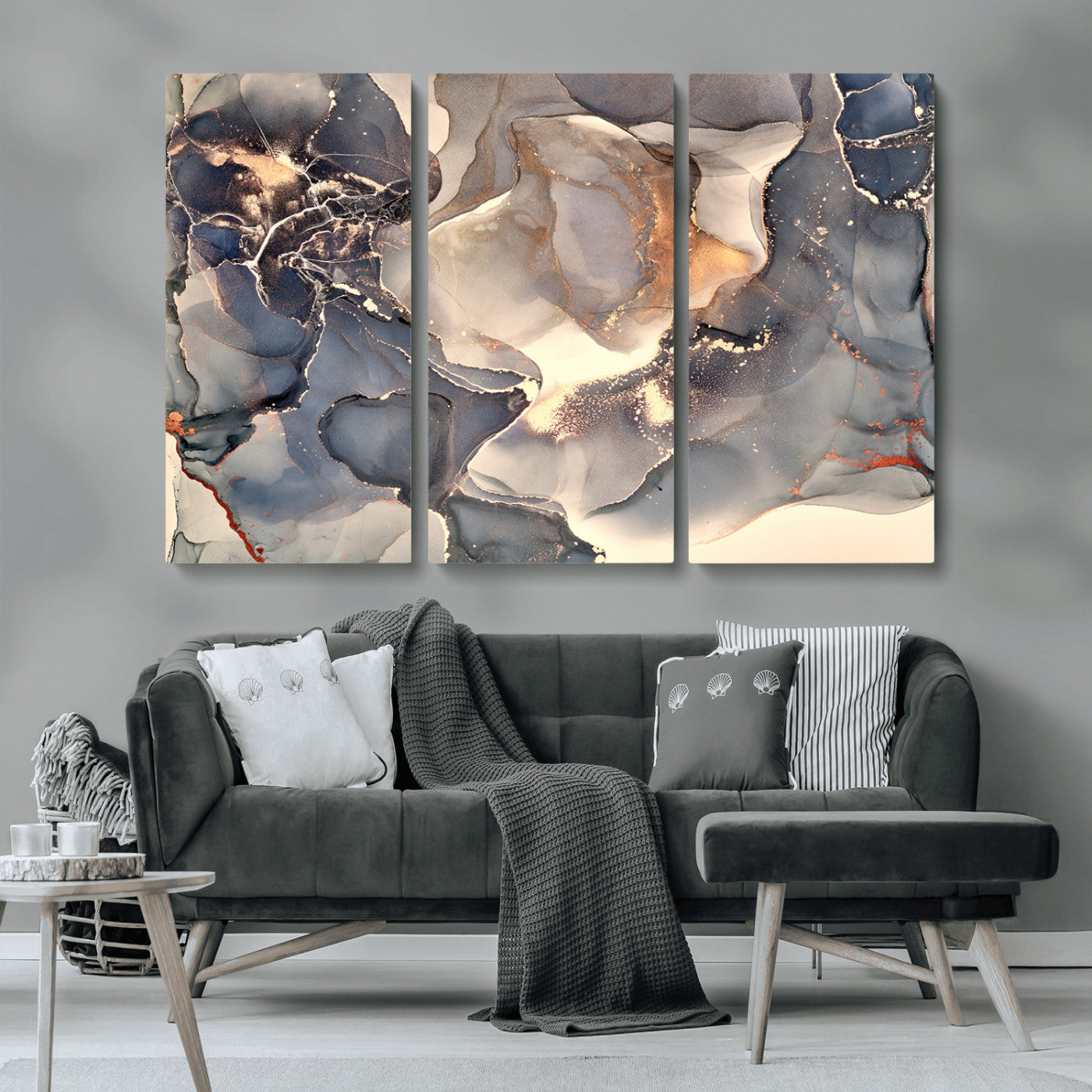 MGV-CV-48X32-3P - Abstract Blue and Gold Wall Art - Fluid Ink Artwork - Modern Luxury Wall Decor for Contemporary