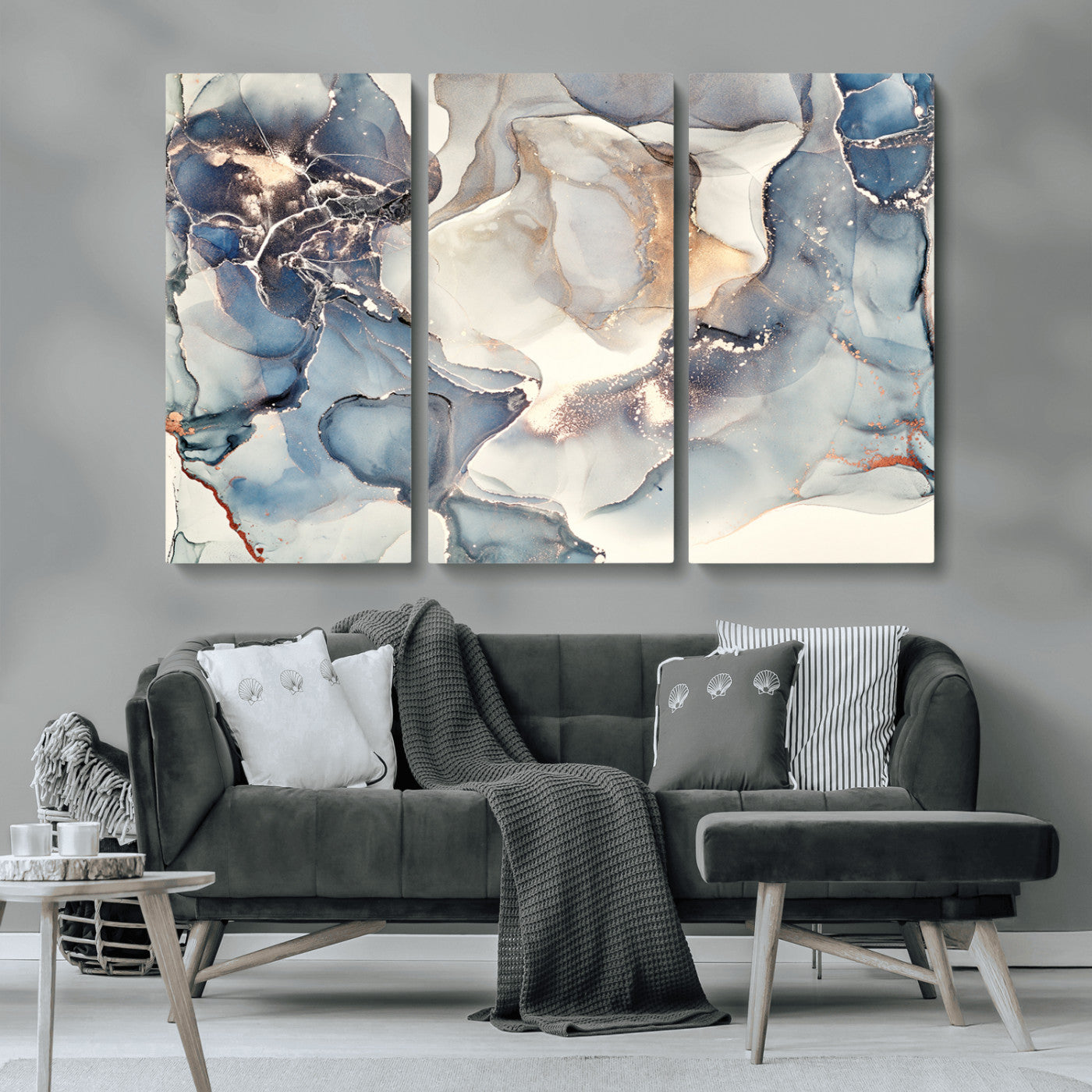 MGV-CV-48X32-3P - Abstract Blue and Gold Canvas Wall Art - Fluid Modern Ink Artwork - Modern Luxury Wall Decor for