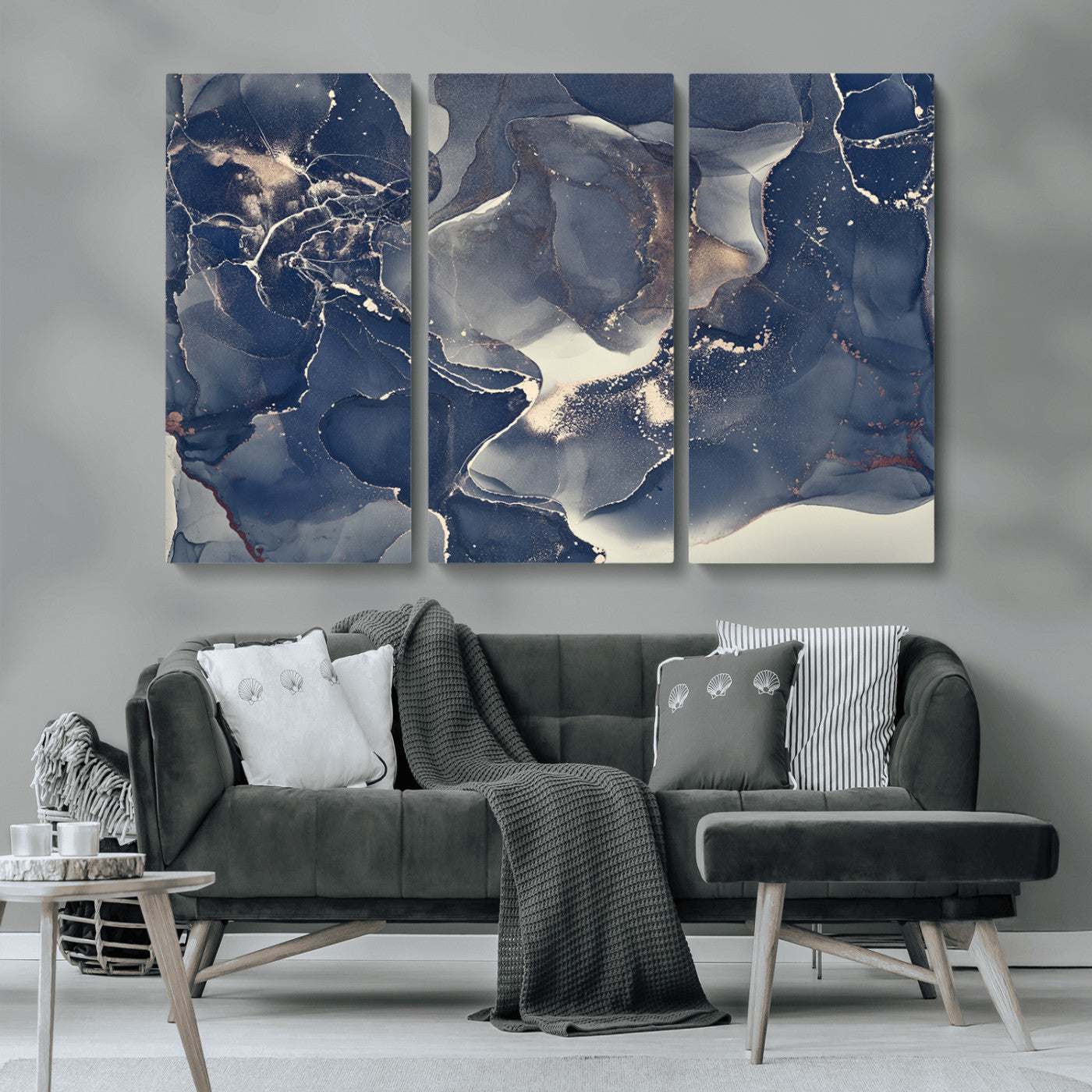 MGV-CV-48X32-3P - Large Abstract Blue and Gold Canvas Wall Art | Fluid Ink Artwork Print | Luxury Wall Decor for