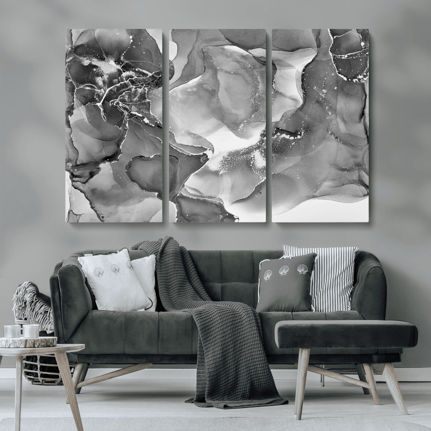 MGV-CV-48X32-3P - Black White Abstract Canvas Wall Art - Fluid Ink Artwork - Modern Luxury Wall Decor for Contemporary