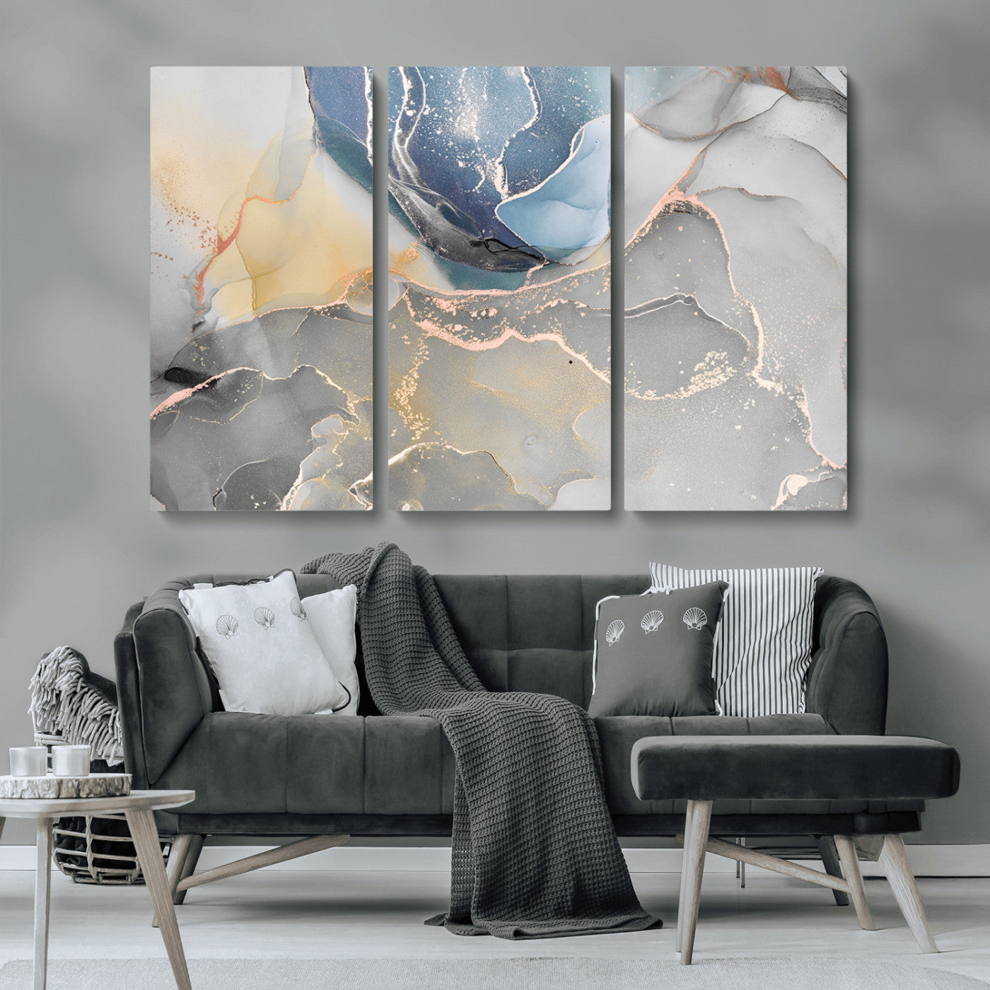 MGV-CV-48X32-3P - Large Abstract Blue and Gold Canvas Wall Art | Fluid Ink Artwork Print | Luxury Wall Decor for