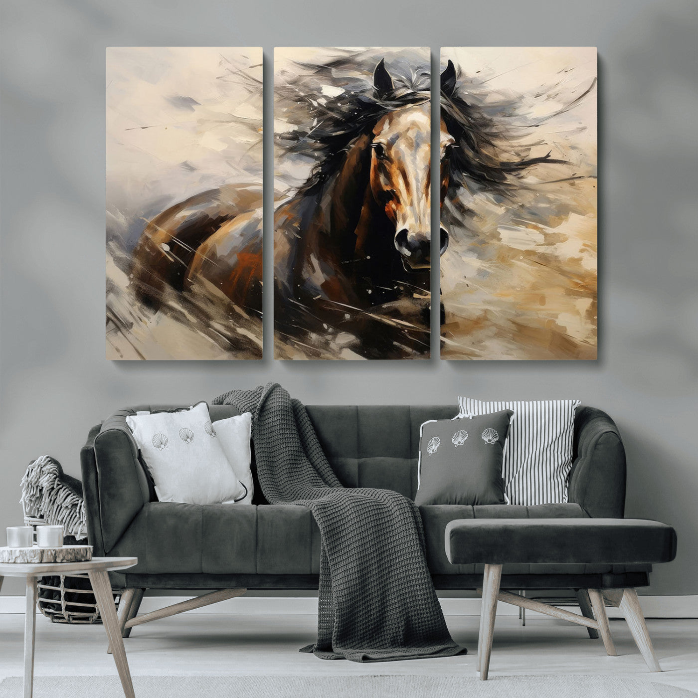 MGV-CV-48X32-3P - Abstract Wall Art Horse Print - Large Western Horse Canvas - Farmhouse Woodland Wall Art - Framed