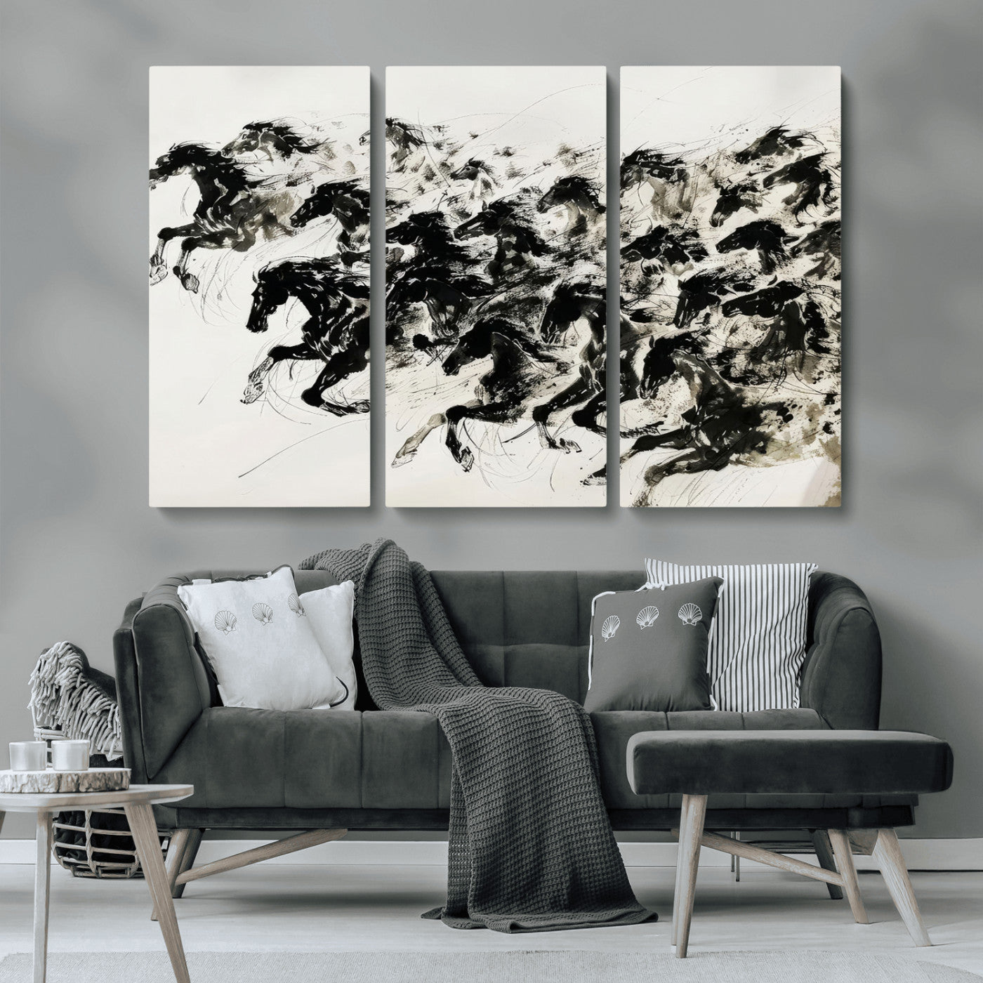MGV-CV-48X32-3P - Abstract Horse Wall Art Canvas Print - Dynamic Black Ink Horse Print - Modern Equine Wall Decor for
