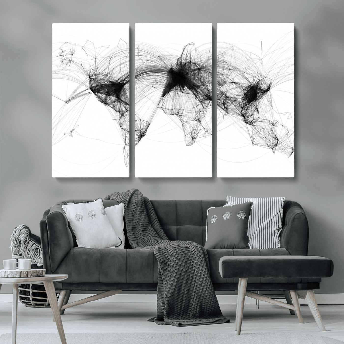 A minimalist abstract world map created from interconnected black lines representing global connectivity and communication networks.