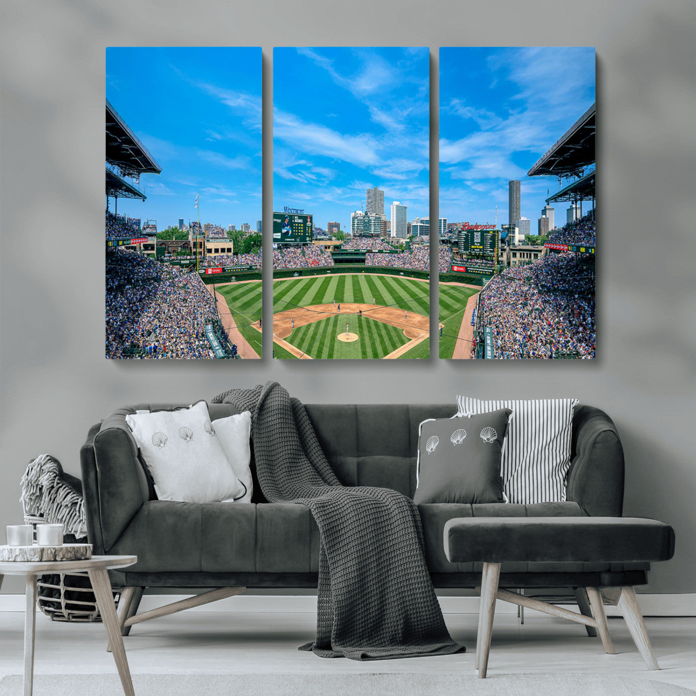 MGV-CV-48X32-3P - Wrigley Field Chicago Cubs Panoramic Art Multi Piece Canvas - Iconic Baseball Stadium Print for