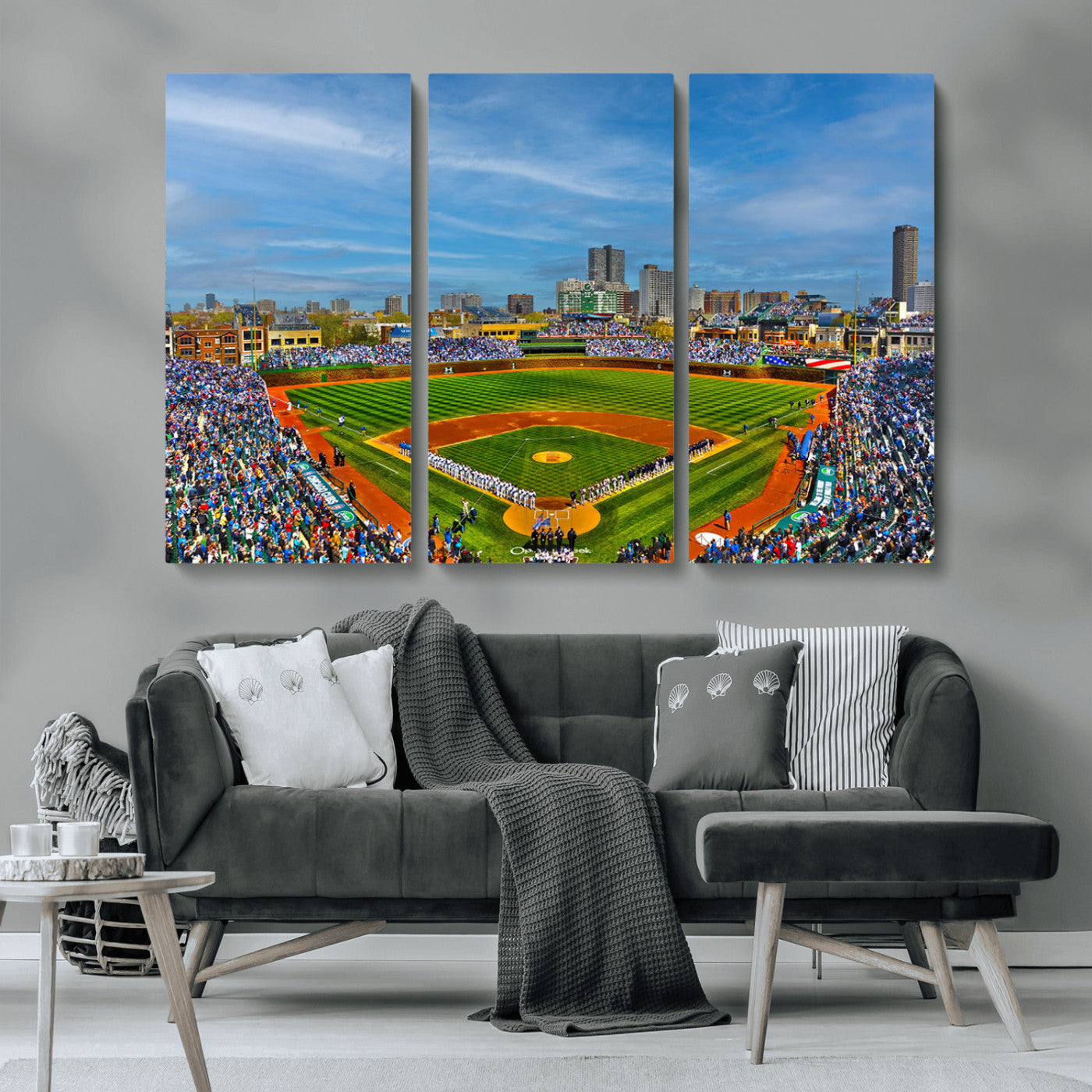 MGV-CV-48X32-3P - Wrigley Field Chicago Cubs Panoramic Multi Piece Canvas Wall Art - Iconic Baseball Stadium Canvas