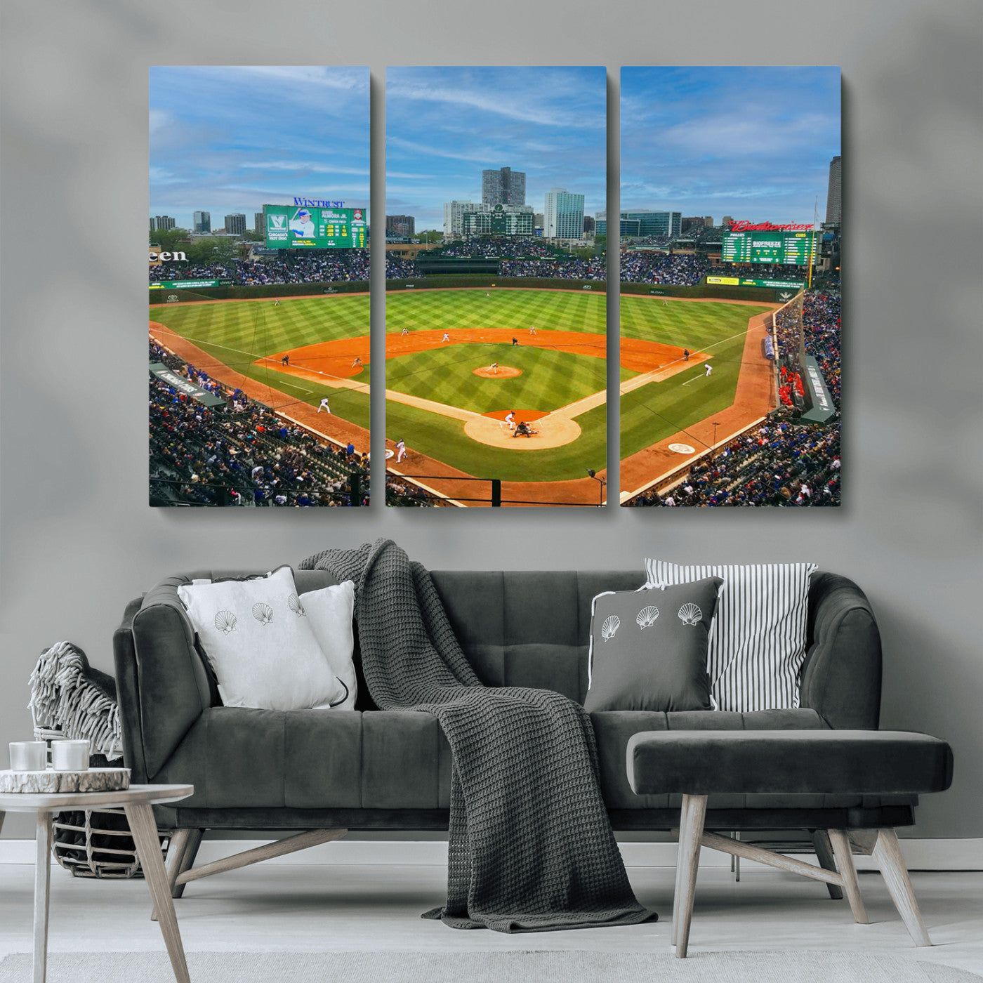 MGV-CV-48X32-3P - Wrigley Field Chicago Cubs Panoramic Multi Piece Canvas Wall Art - Iconic Baseball Stadium Print for