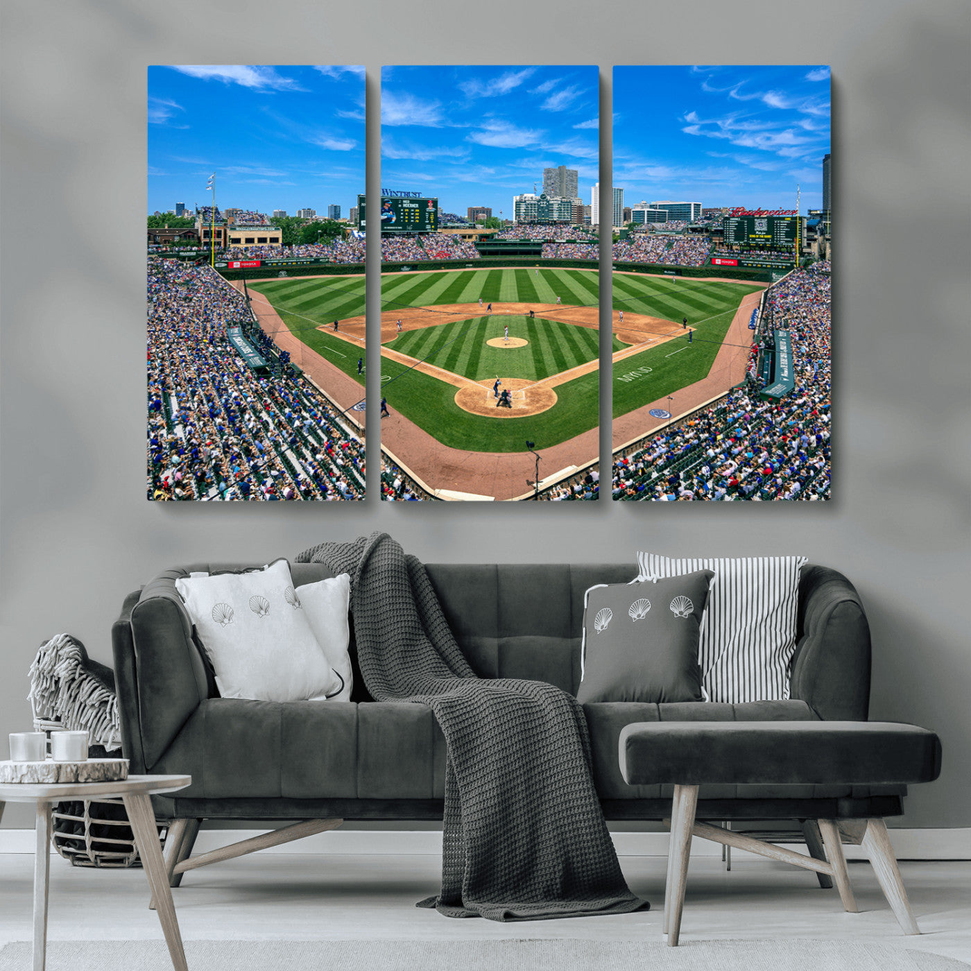 MGV-CV-48X32-3P - Framed Wrigley Field Chicago Cubs Print, Panoramic Multi Piece Canvas Wall Art - Iconic Baseball