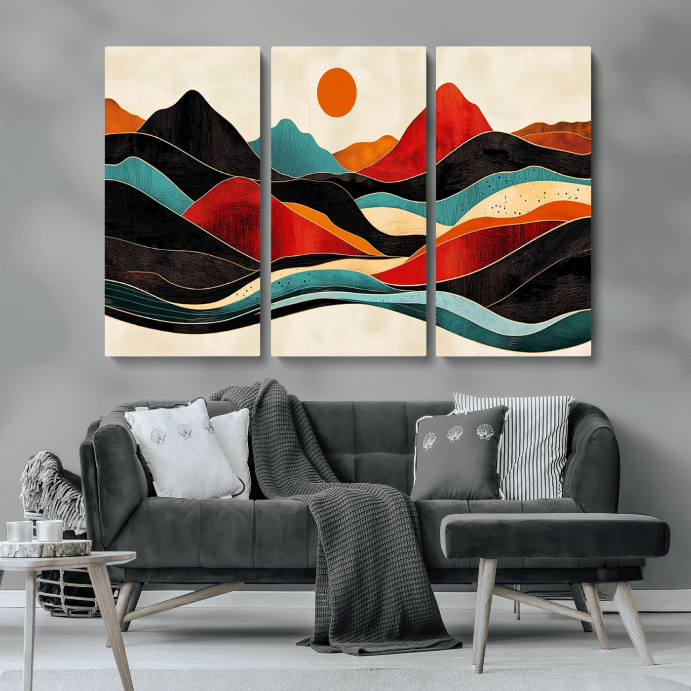 MGV-CV-48X32-3P - Western Wall Decor - Large Triptych Mountain Canvas - Boho Woodland Wall Art Print - Framed