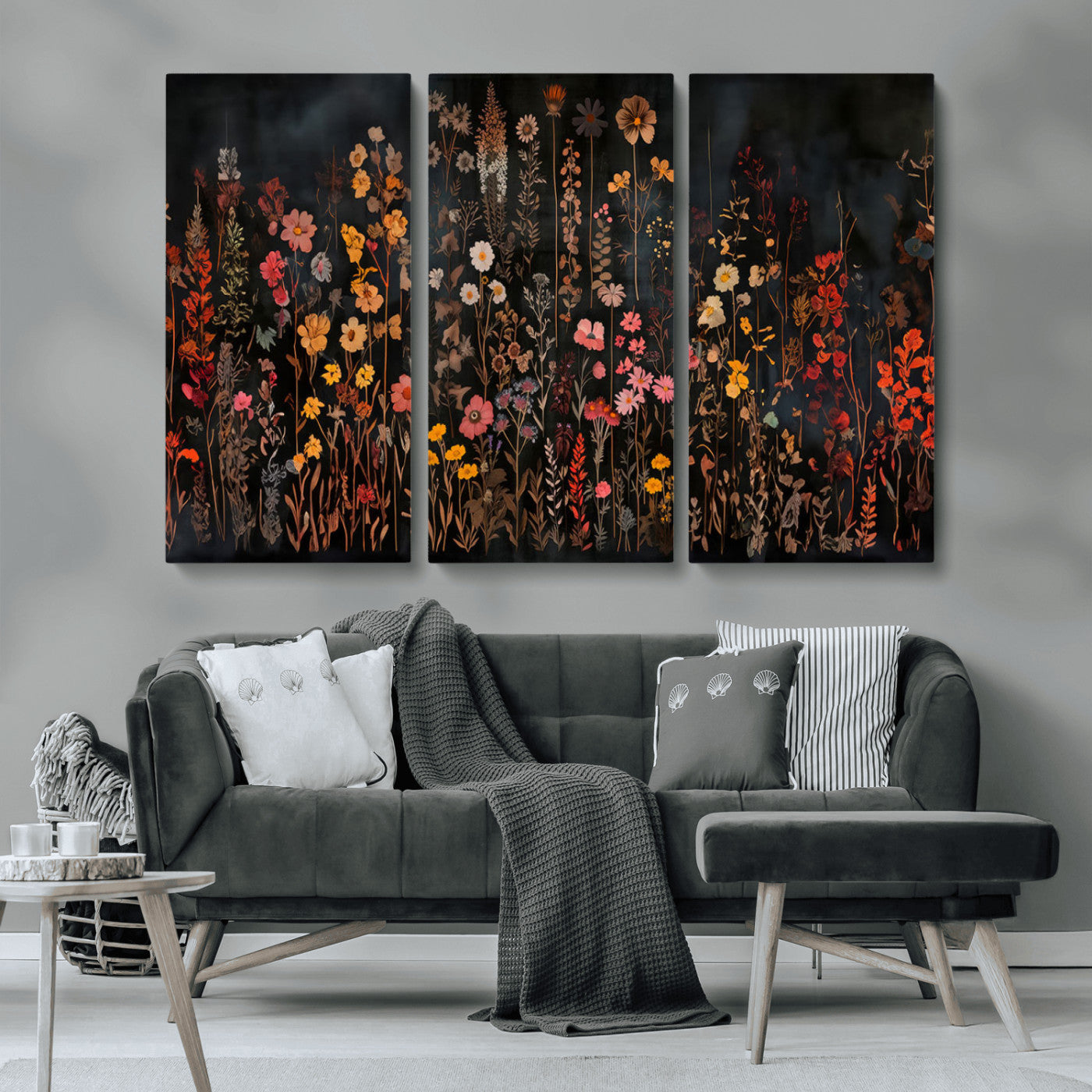 MGV-CV-48X32-3P - Dark Floral Canvas Wall Art - Moody Botanical Flower Print - Rustic Floral Wall Decor for Home -