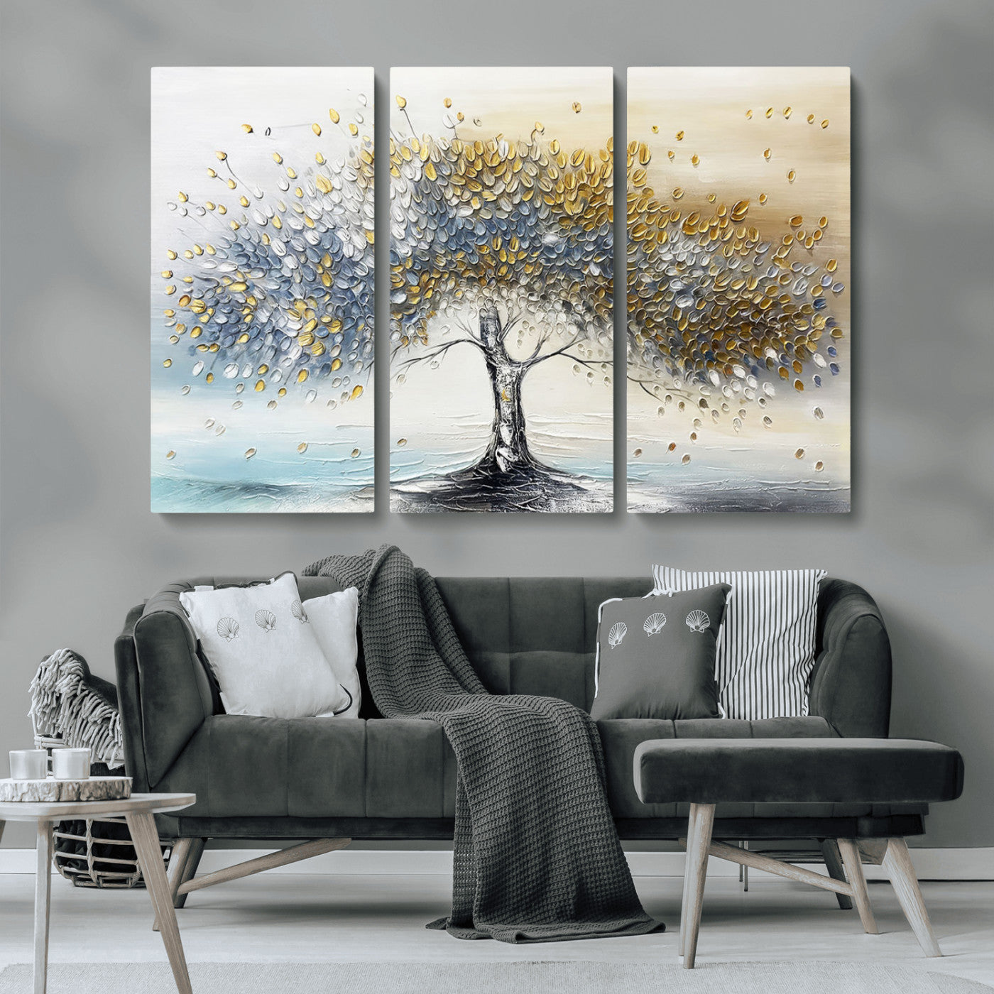 An elegant impasto painting featuring a tree with shimmering silver and gold leaves, blending soft pastels to create a calm and sophisticated atmosphere.