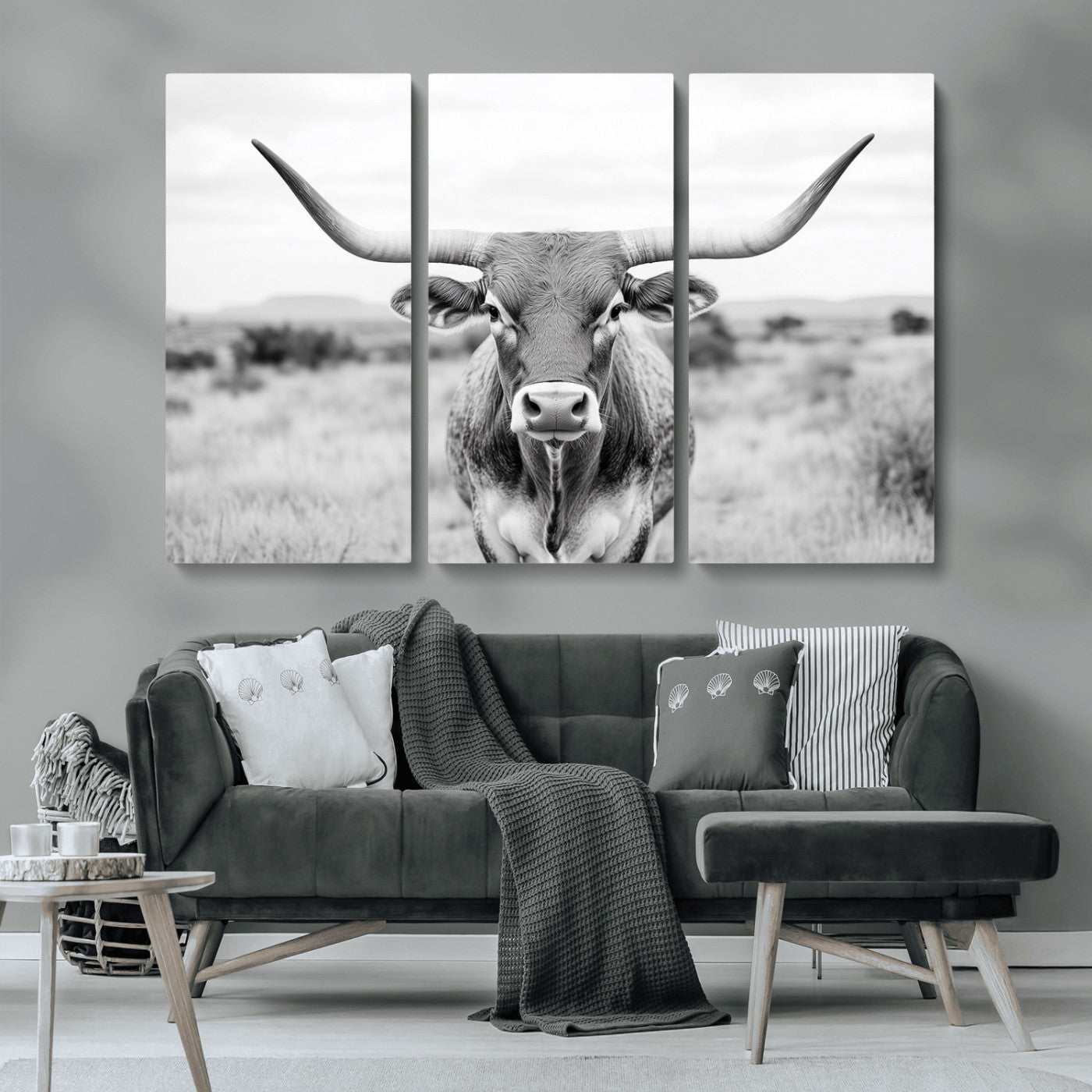 MGV-CV-48X32-3P - Highland Cow Wall Art Print - Black and White Texas Western Longhorn Canvas - Farmhouse Decor Print
