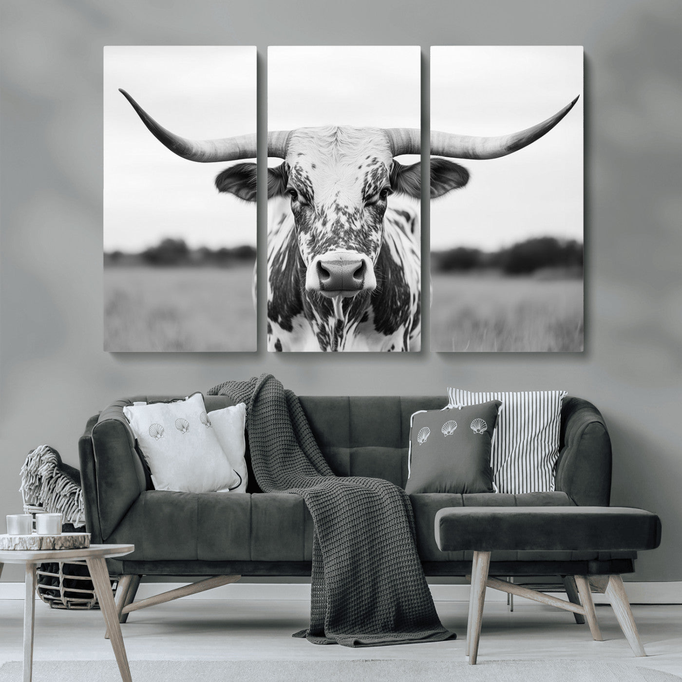 MGV-CV-48X32-3P - Highland Cow Wall Art - Black and White Western Longhorn Canvas Print - Farmhouse Living Room Decor