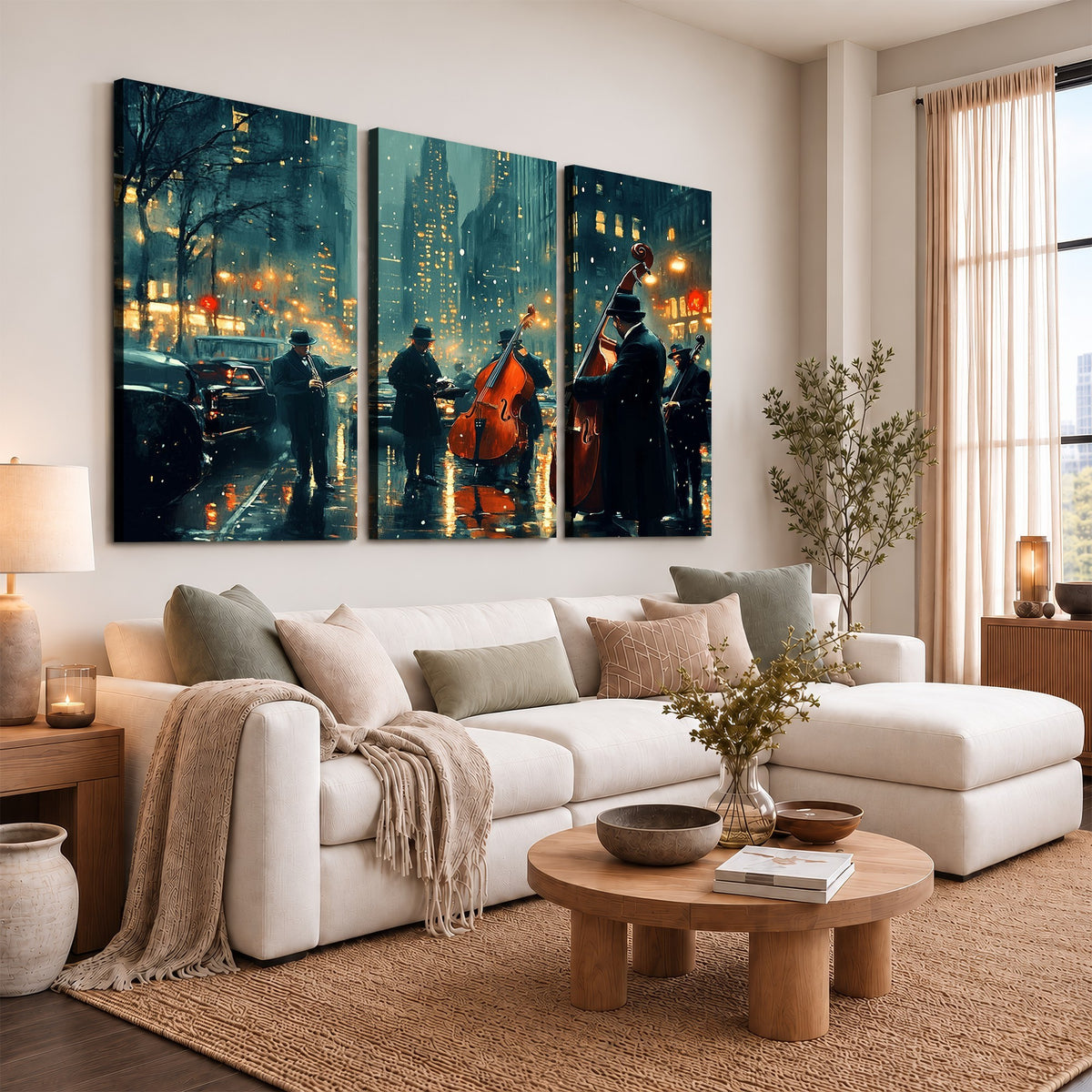53391-MGV-CV-24X16 - Urban Night Jazz Wall Art Canvas Print | Moody Rain Soaked City Street Band Scene