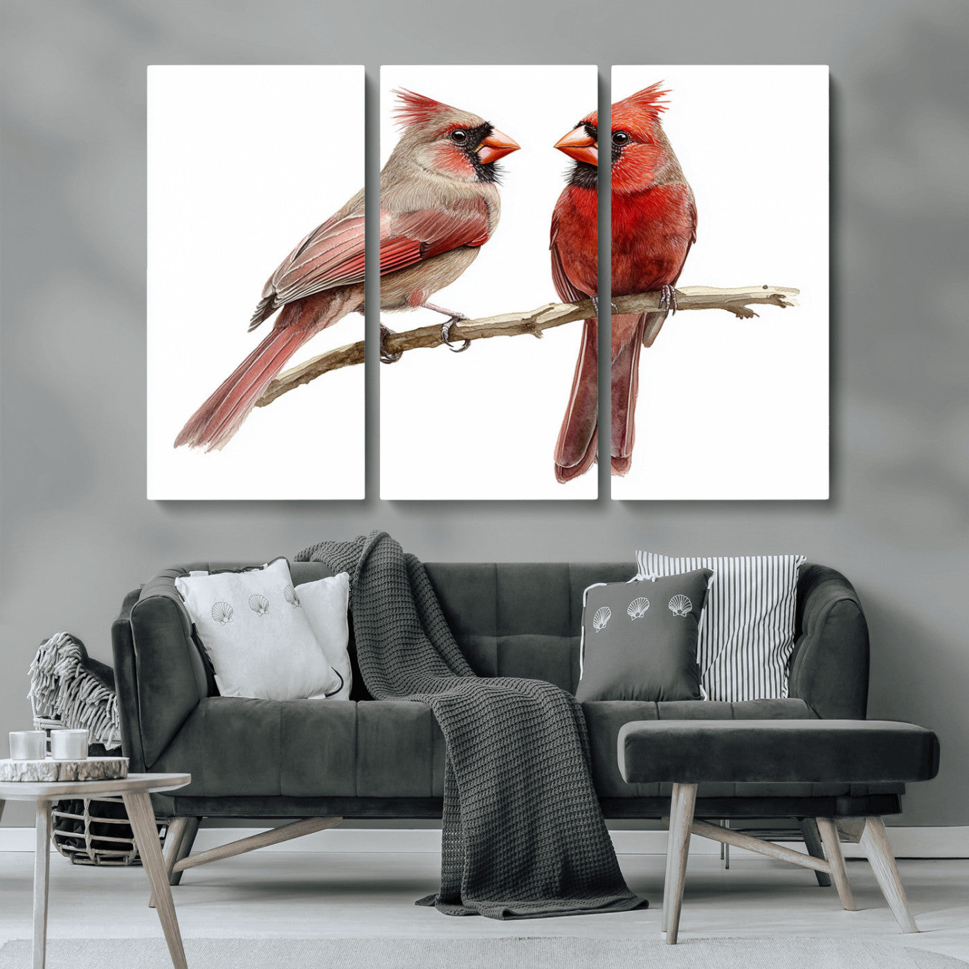 MGV-CV-48X32-3P - Cardinal Bird Canvas Wall Art - Male and Female Cardinal Print - Abstract Bird Wall Decor for Home -