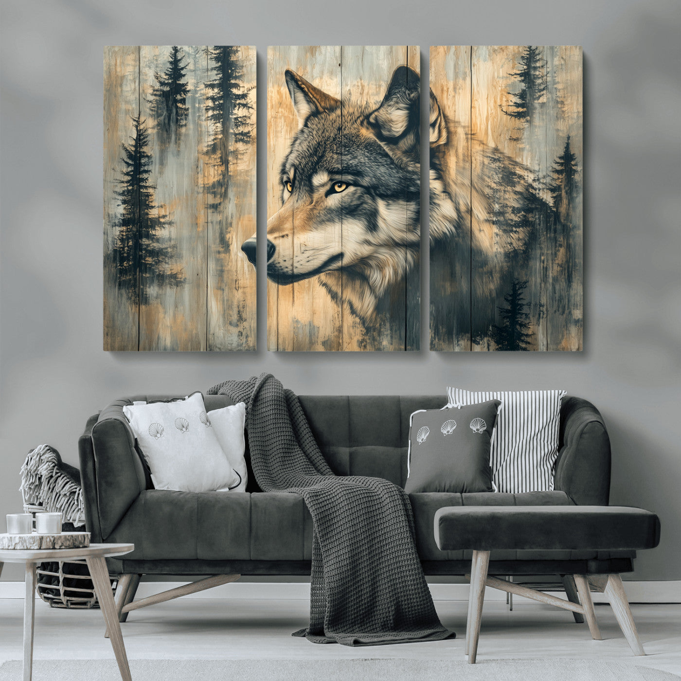 MGV-CV-48X32-3P - Wood Style Rustic Wolf Wall Art Canvas Print, Vintage Woodland Wolf Wall Art, Framed Wood Style Wolf