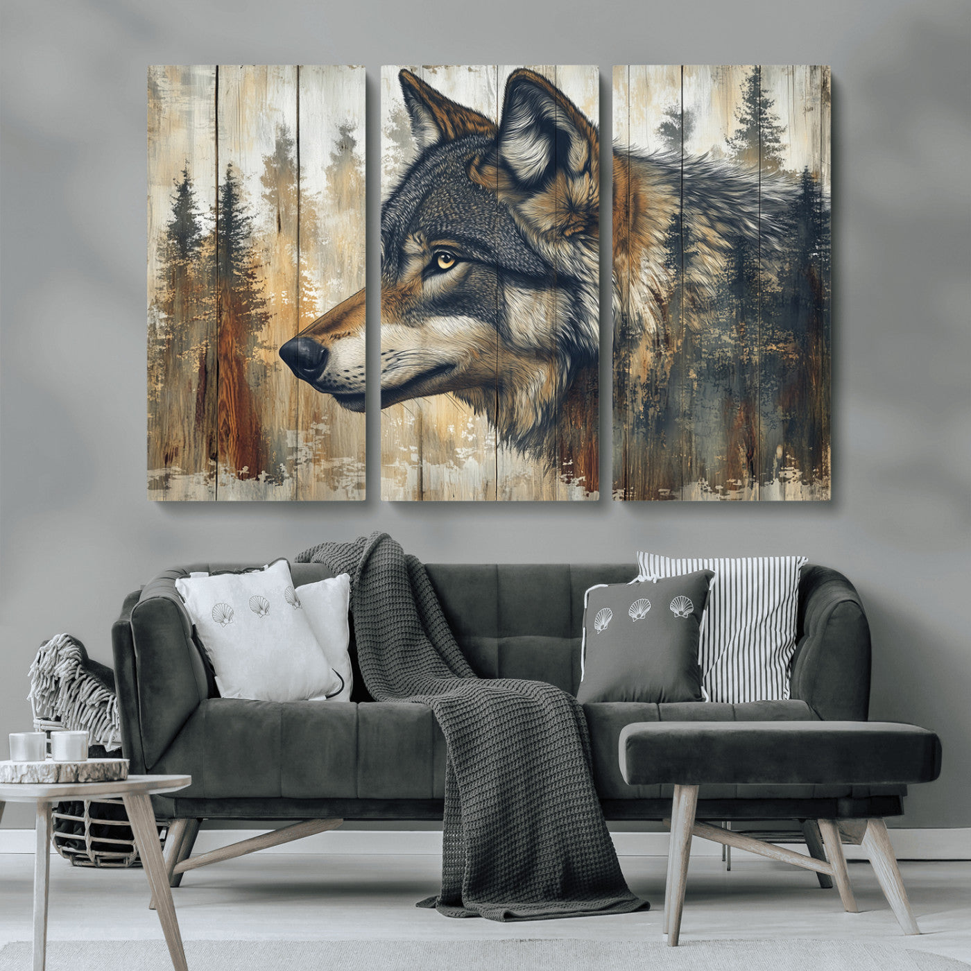 MGV-CV-48X32-3P - Rustic Wolf Wall Art Canvas Print, Vintage Woodland Wolf Wall Art