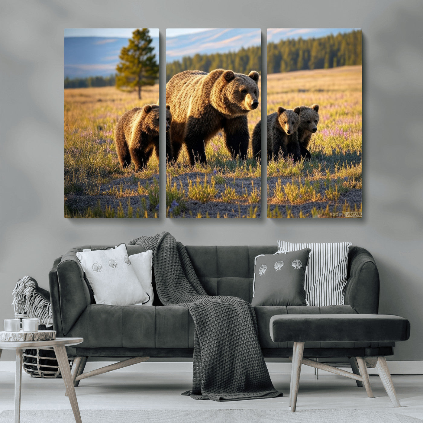 MGV-CV-48X32-3P - Grizzly 399 in Wild Flowers Wall Art Canvas Print, Grizzly Bears Wall Art, Queen of Grand Teton