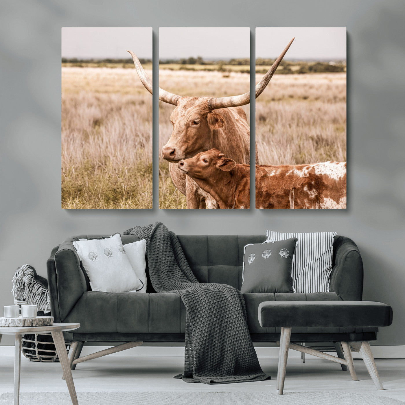 MGV-CV-48X32-3P - Texas Longhorn Cow Wall Art Canvas Print for Farmhouse Wall Art, Texas Decor, Western Wall Art Print