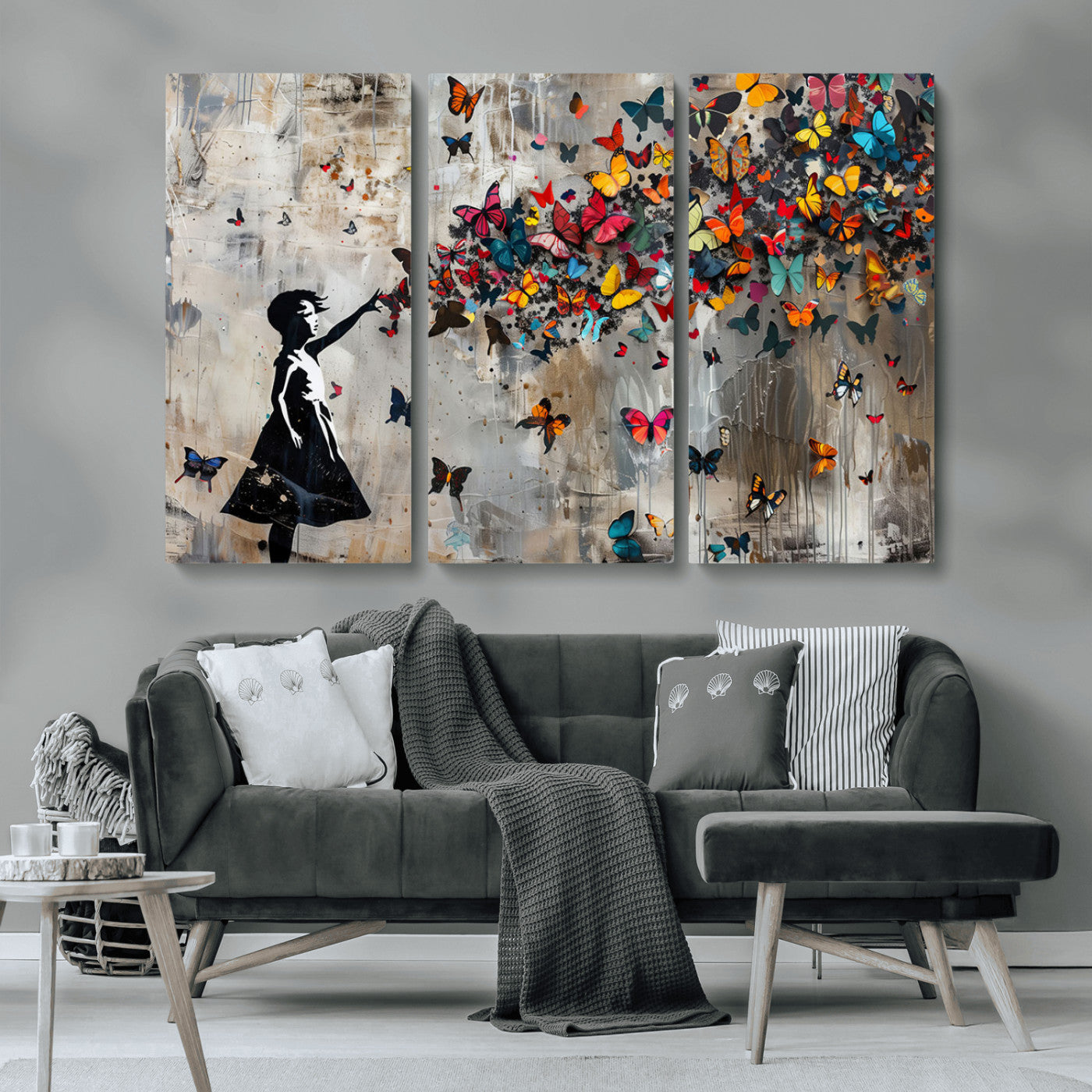 MGV-CV-48X32-3P - Banksy Butterfly Girl Wall Art | 3-Piece Butterfly Girl Canvas