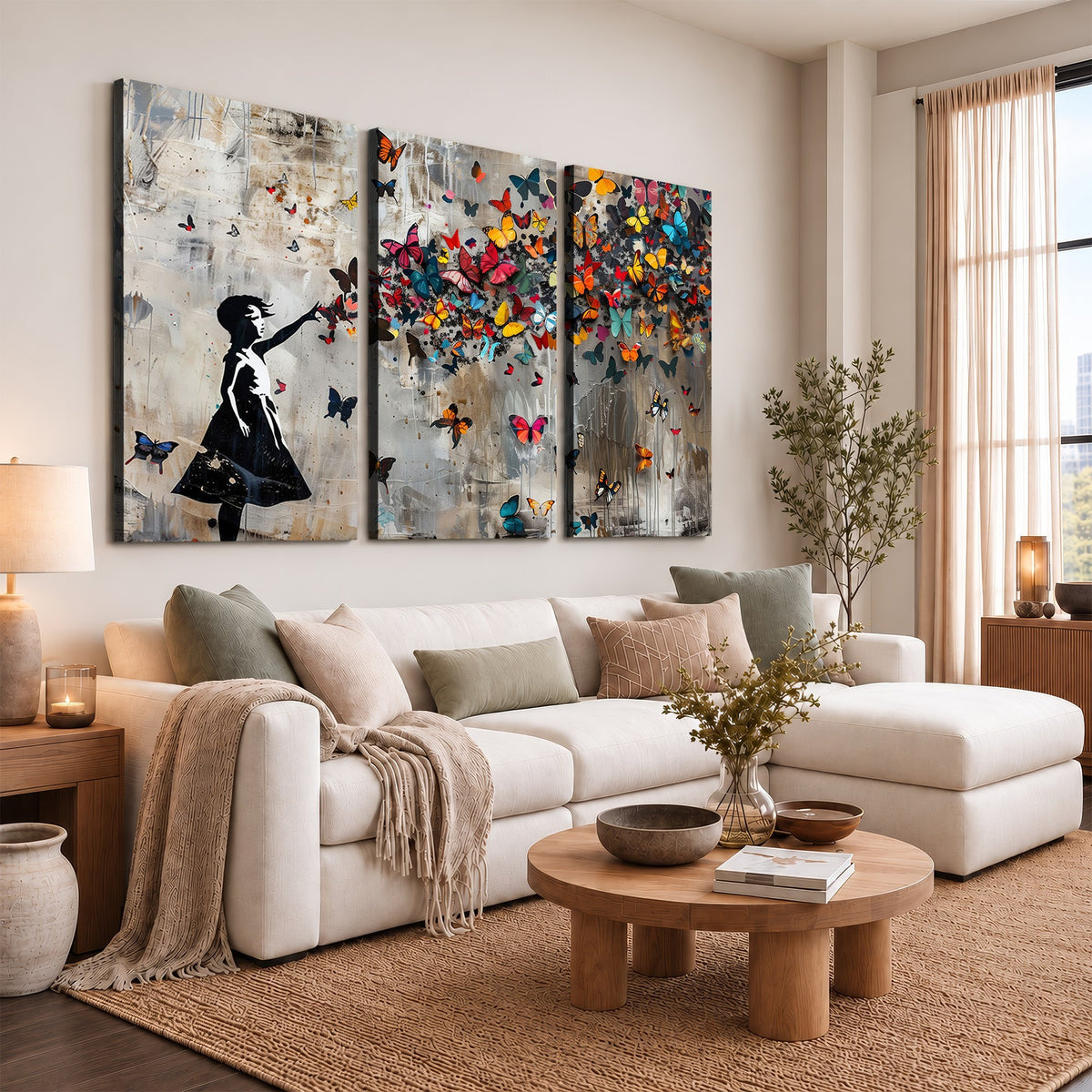 51446D-MGV-CV-24X16 - Banksy Butterfly Girl Wall Art | Modern Graffiti Canvas Print, Street Art Decor