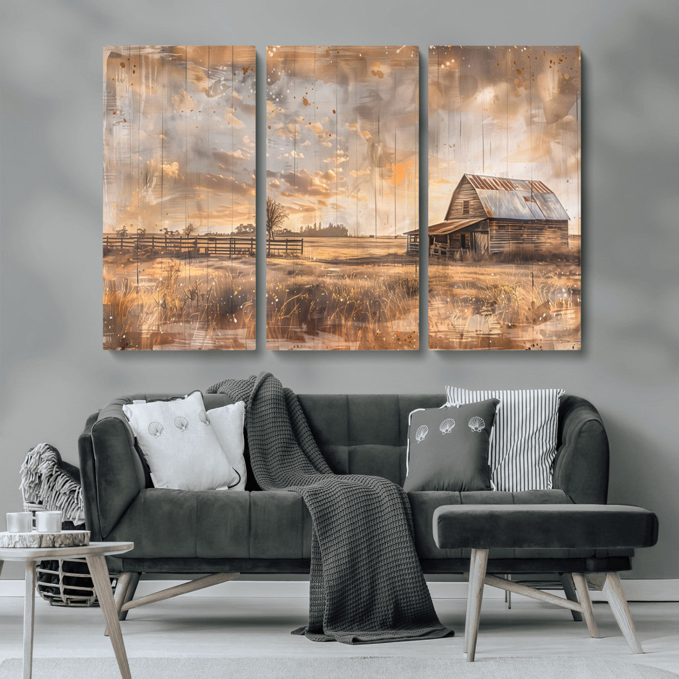 MGV-CV-48X32-3P - Rustic Farmhouse Wall Art Canvas Print | Barn and Field Canvas Print | Vintage Country Landscape