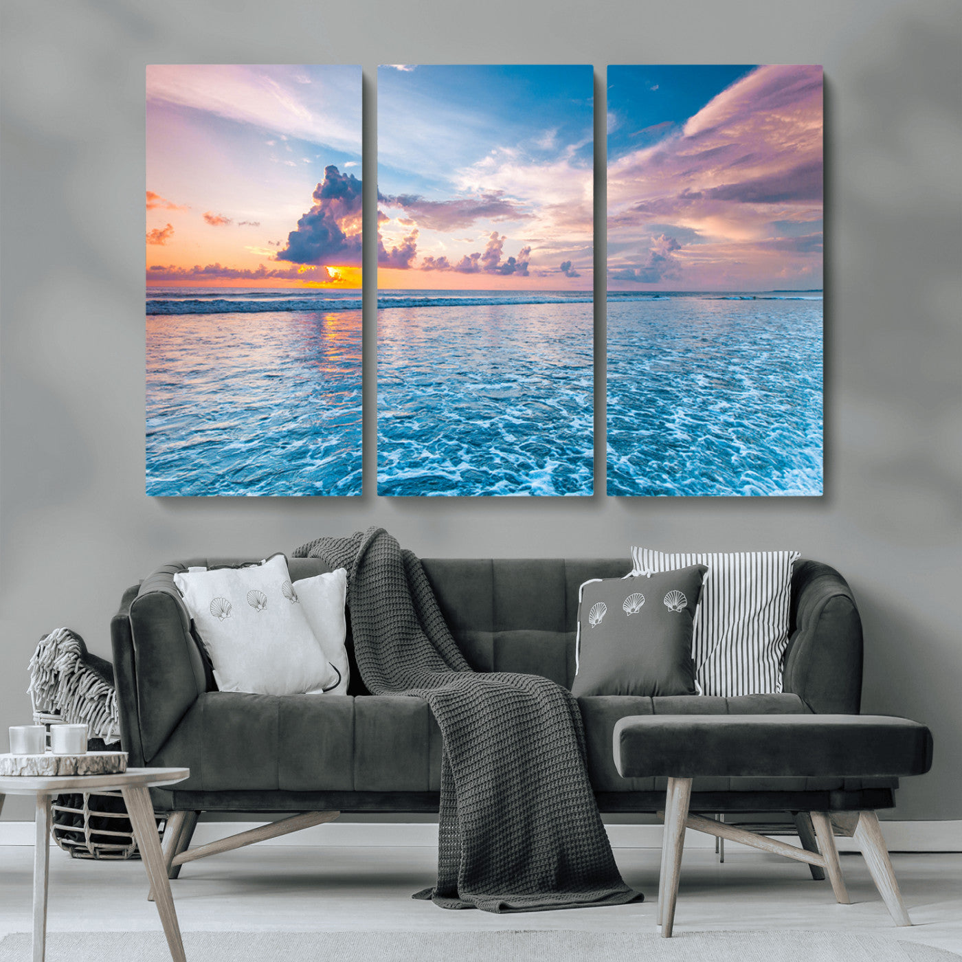 MGV-CV-48X32-3P - Ocean Sunset Canvas Wall Art Print - Tranquil Seascape with Vibrant Sky and Rolling Waves Canvas