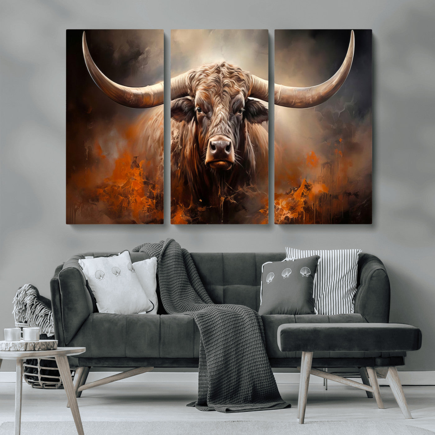 MGV-CV-48X32-3P - Highland Bull Canvas Abstract Canvas Wall Art Print – Powerful Highland Bull with Striking Horns in