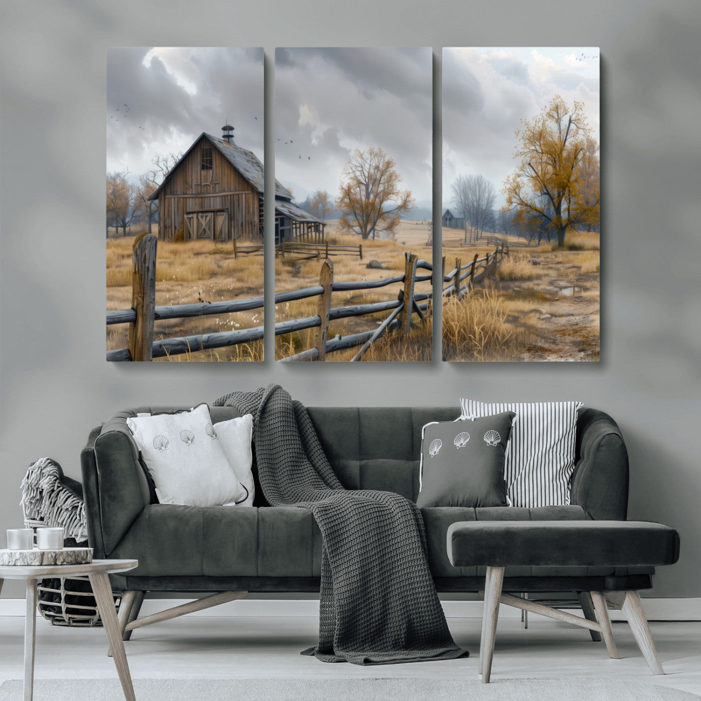 MGV-CV-48X32-3P - Rustic Autumn Farmhouse Wall Art Canvas Print – Serene Countryside Scene with Weathered Barn and