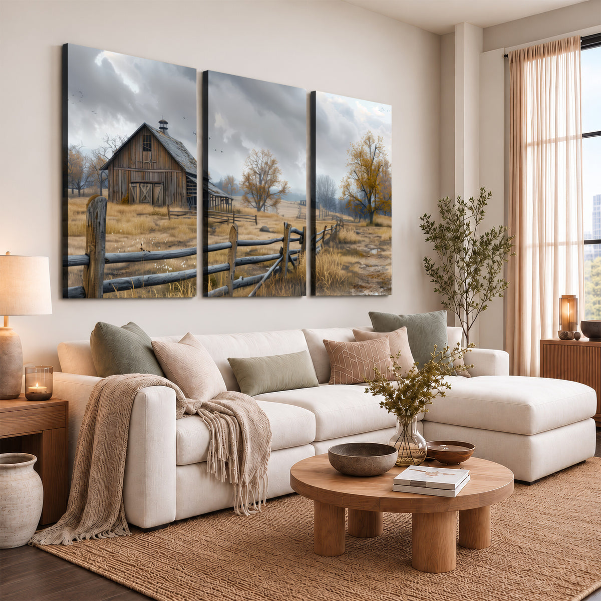 Farm1-MGV-CV-36X24 - Rustic Autumn Farmhouse Wall Art Canvas Print | Serene Countryside with Weathered Barn