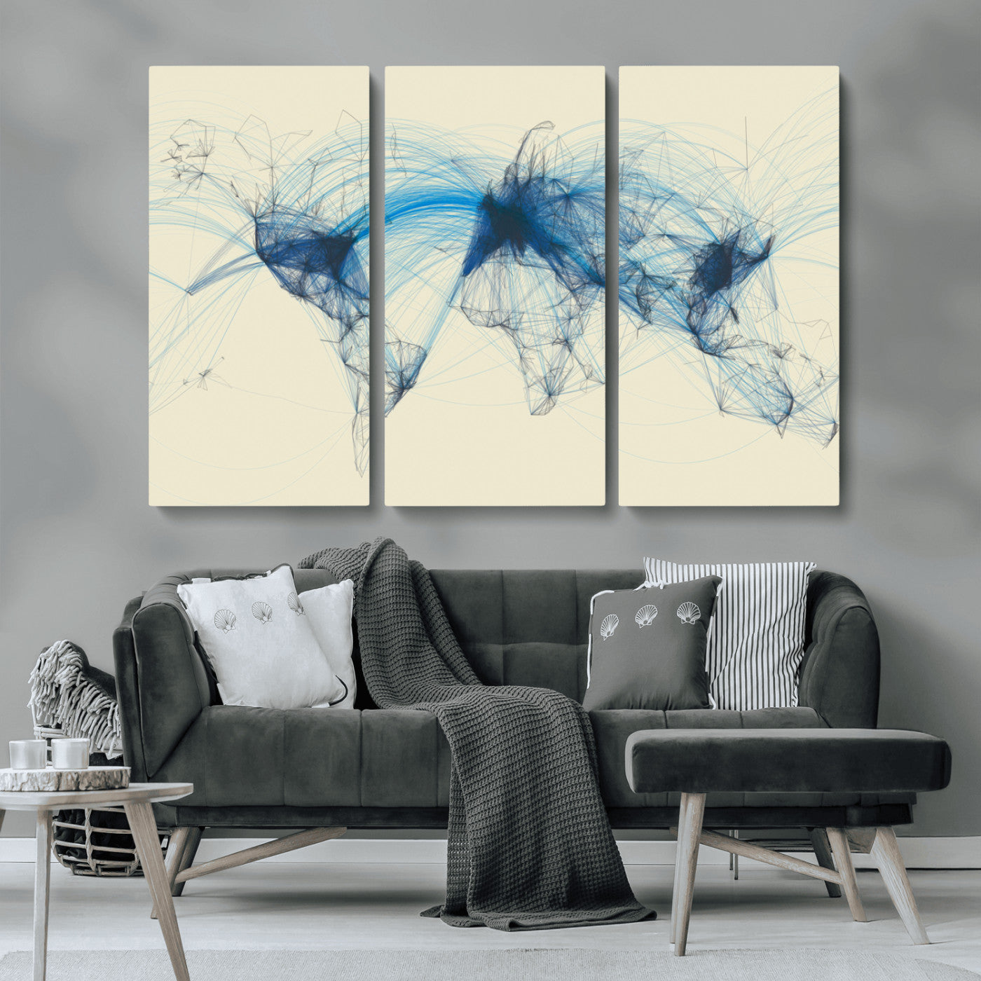 MGV-CV-48X32-3P - Flight Routes Map art Air Traffic Avi World Map with Blue Connections Canvas Wall Art – Modern