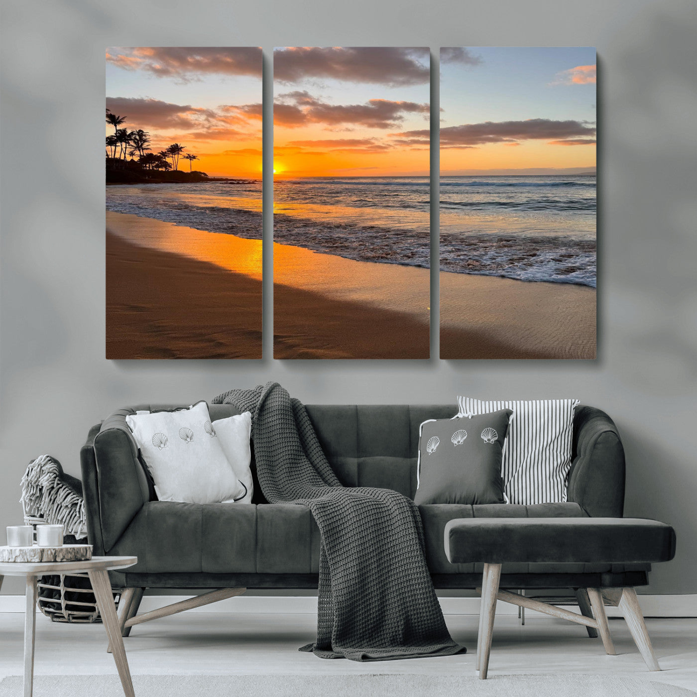 MGV-CV-48X32-3P - Sunset Wall Art Print - Stunning Beach Sunset Canvas Artwork for Elegant Home or Office Coastal