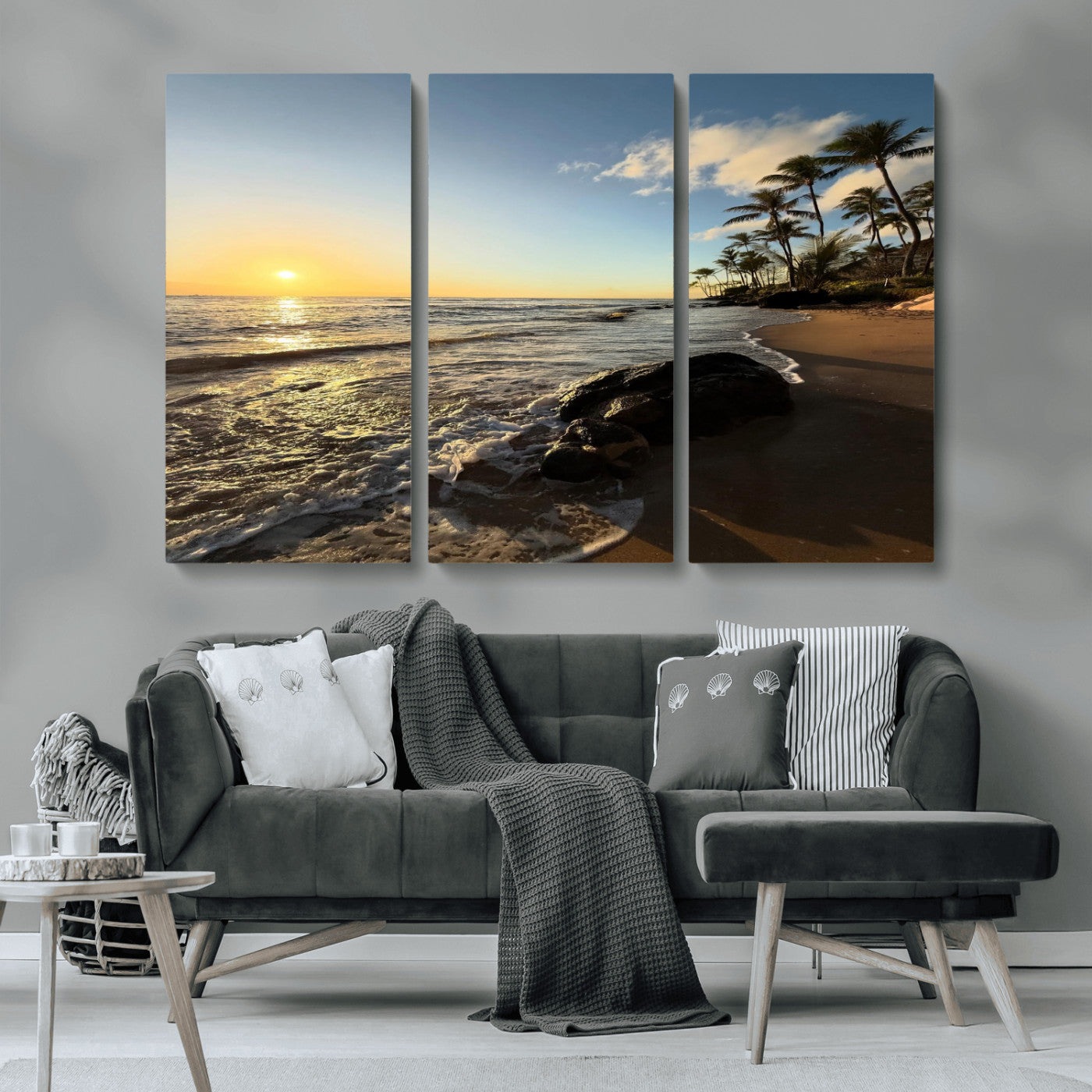 MGV-CV-48X32-3P - Tropical Beach Wall Art - Stunning Ocean Sunset Canvas Print with Palm Tree Design for Relaxing and