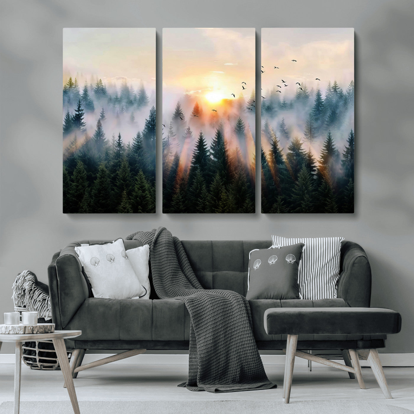 MGV-CV-48X32-3P - Abstract Forest Wall Art - Serene Nature Canvas Print with Misty Forest Design for Modern Home or