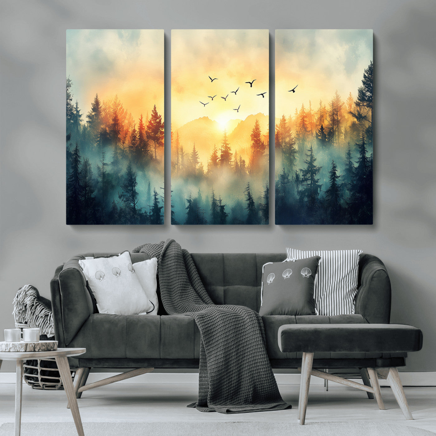 MGV-CV-48X32-3P - Abstract Forest Wall Art Print- Serene Nature Canvas Print with Misty Forest Design for Modern Home