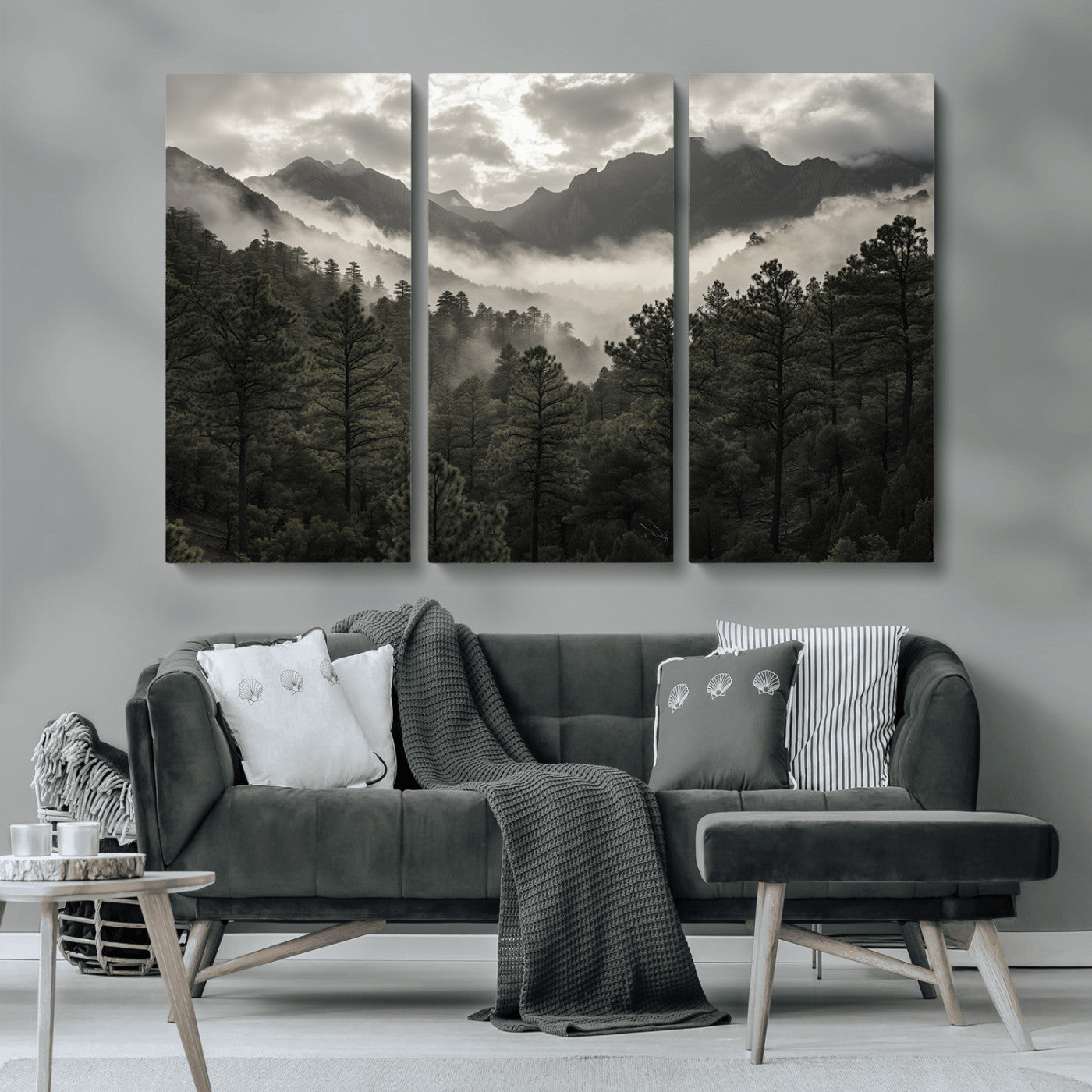 MGV-CV-48X32-3P - Misty Mountain Forest Wall Art – Canvas Print of Cloudy Peaks, Tranquil Pines, Enchanted Landscape, Majestic Nature Decor for Home or Office