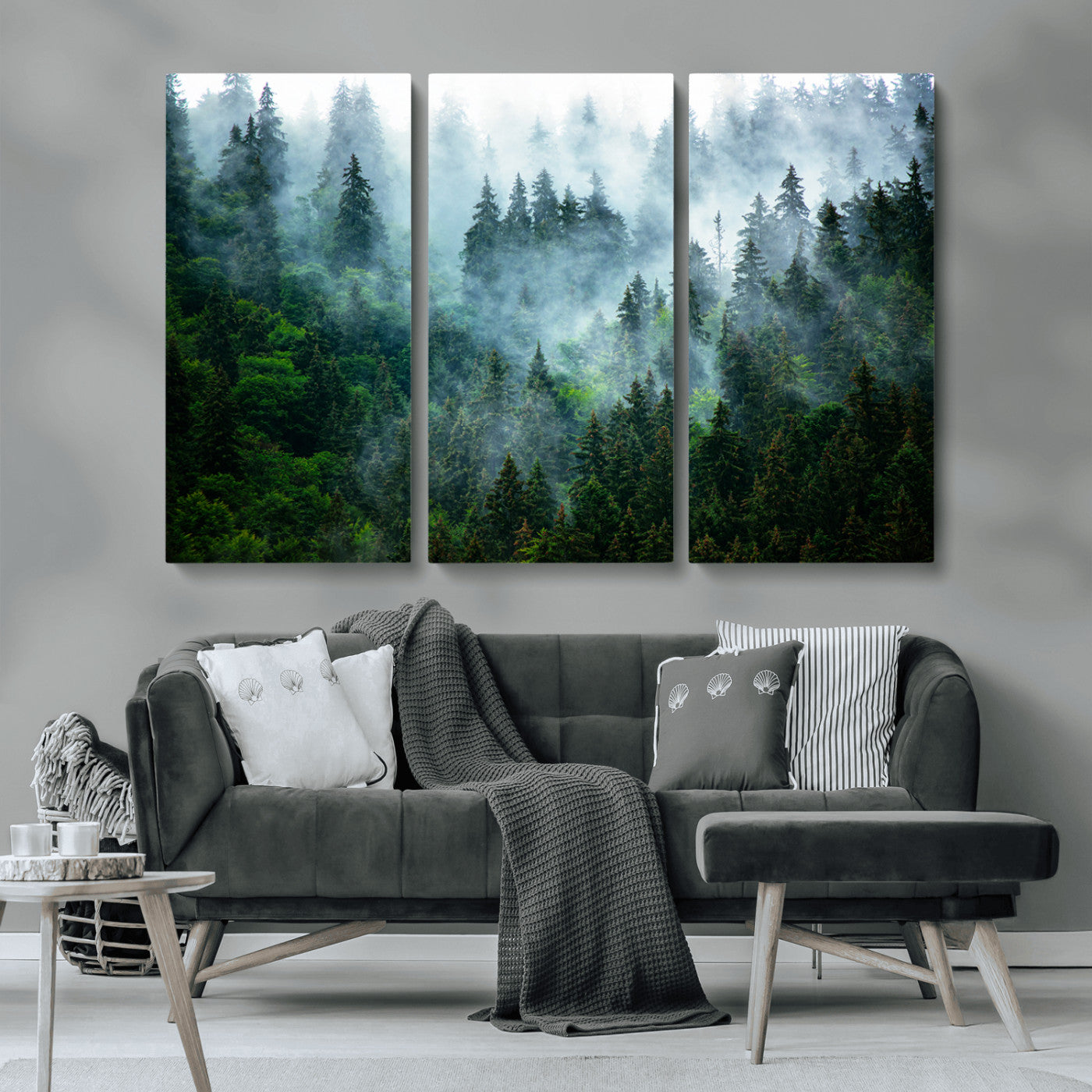 MGV-CV-48X32-3P - Misty Forest Art Wall Art Canvas Print, Framed Foggy Mountain Art Art Picture Print, Scenic Wall