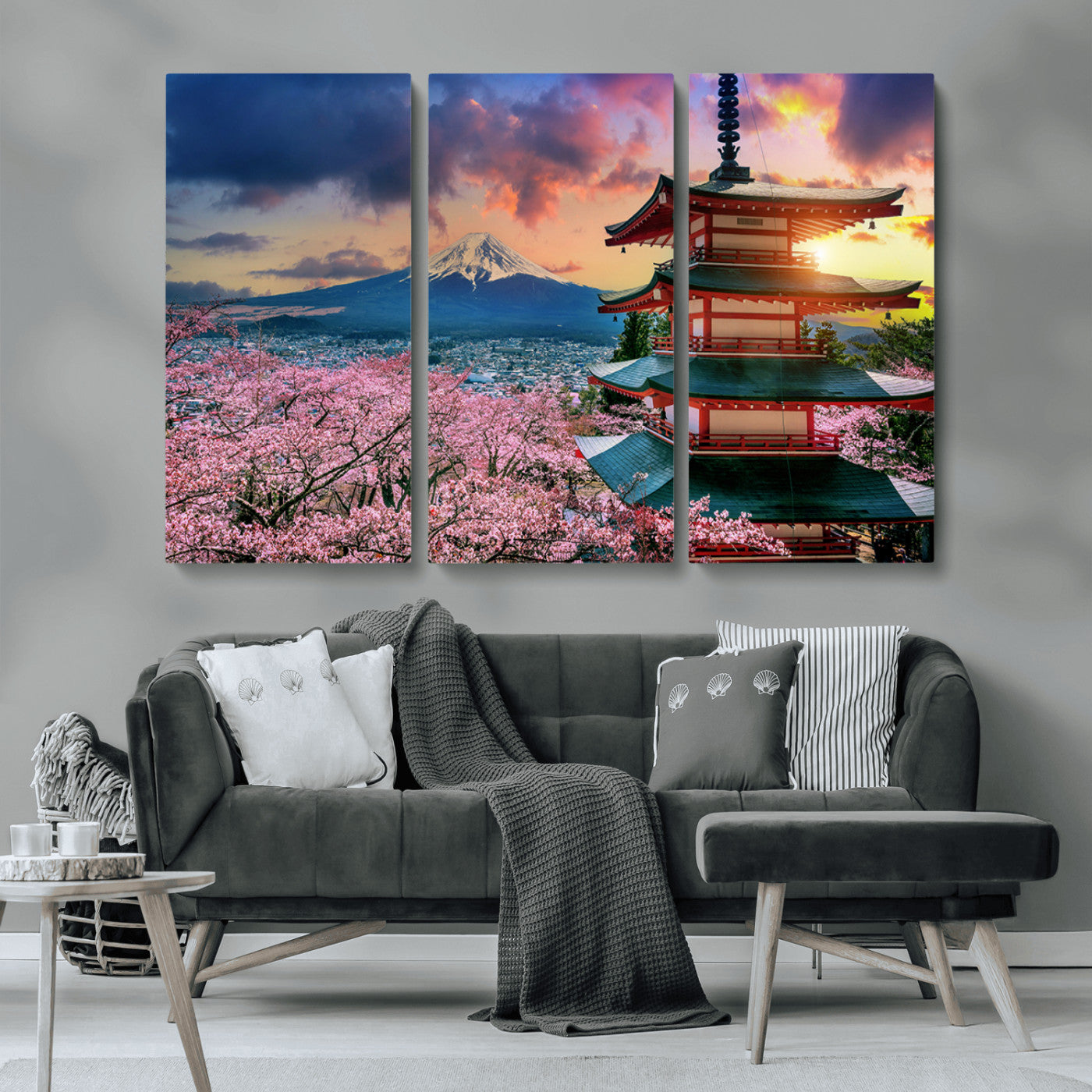 MGV-CV-48X32-3P - Mount Fuji & Cherry Blossom Wall Art Canvas Print – Iconic Japanese Landscape, Sakura Pagoda Sunset,