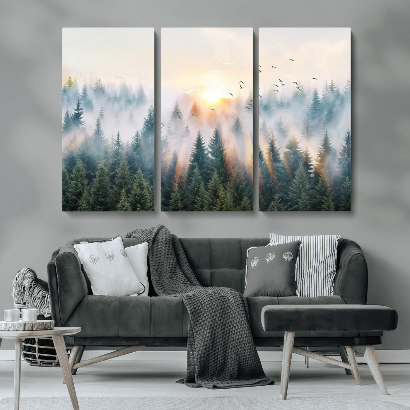 MGV-CV-48X32-3P - Misty Pine Forest Wall Art Canvas, Sunrise Over Foggy Trees Canvas for Home - Office, Framed