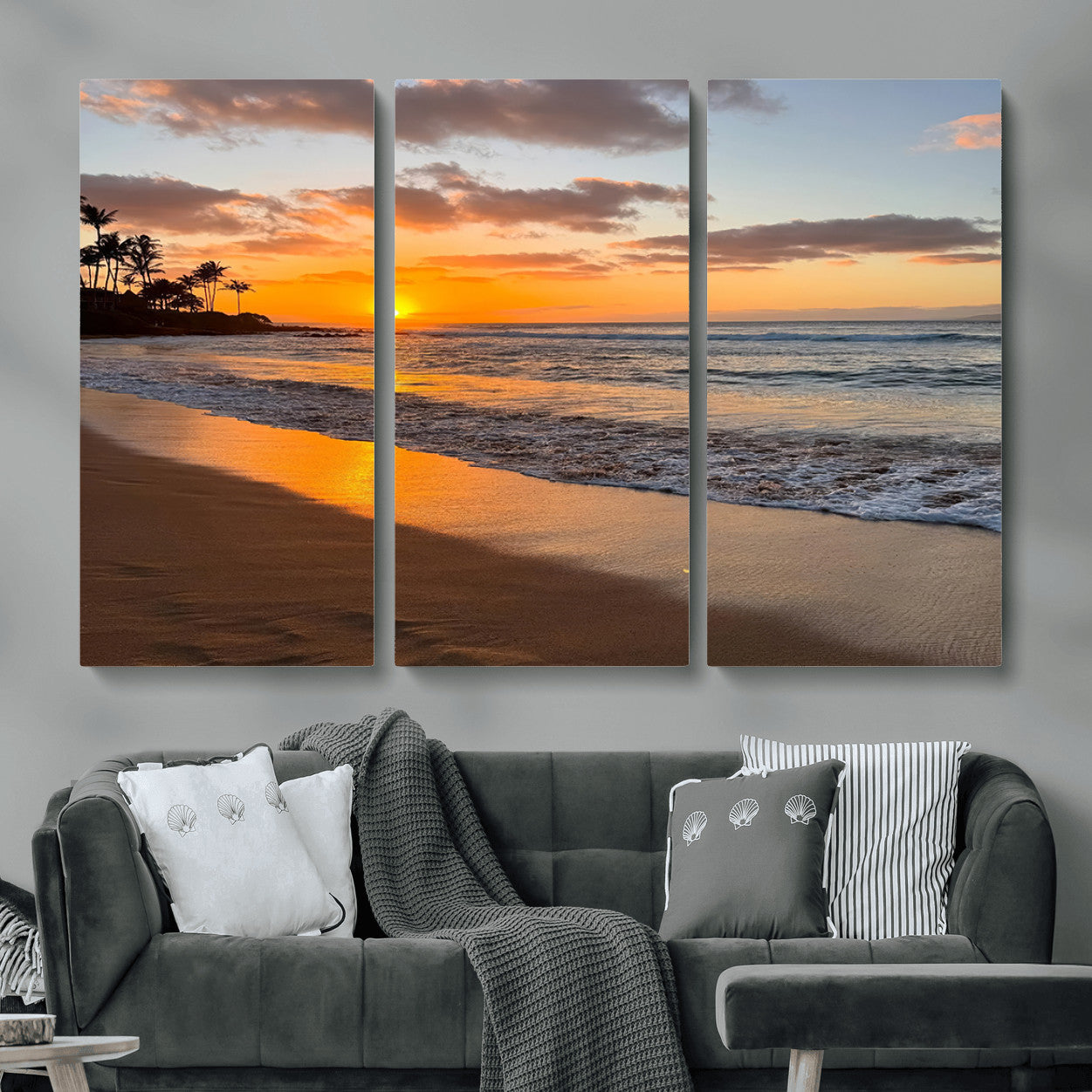 MGV-CV-48X32-3P - Sunset Glow Wall Art – Canvas Print of Ocean Breeze, Golden Sand, Tropical Palm Silhouettes, Tranquil Waves, Beach Nature Decor for Home